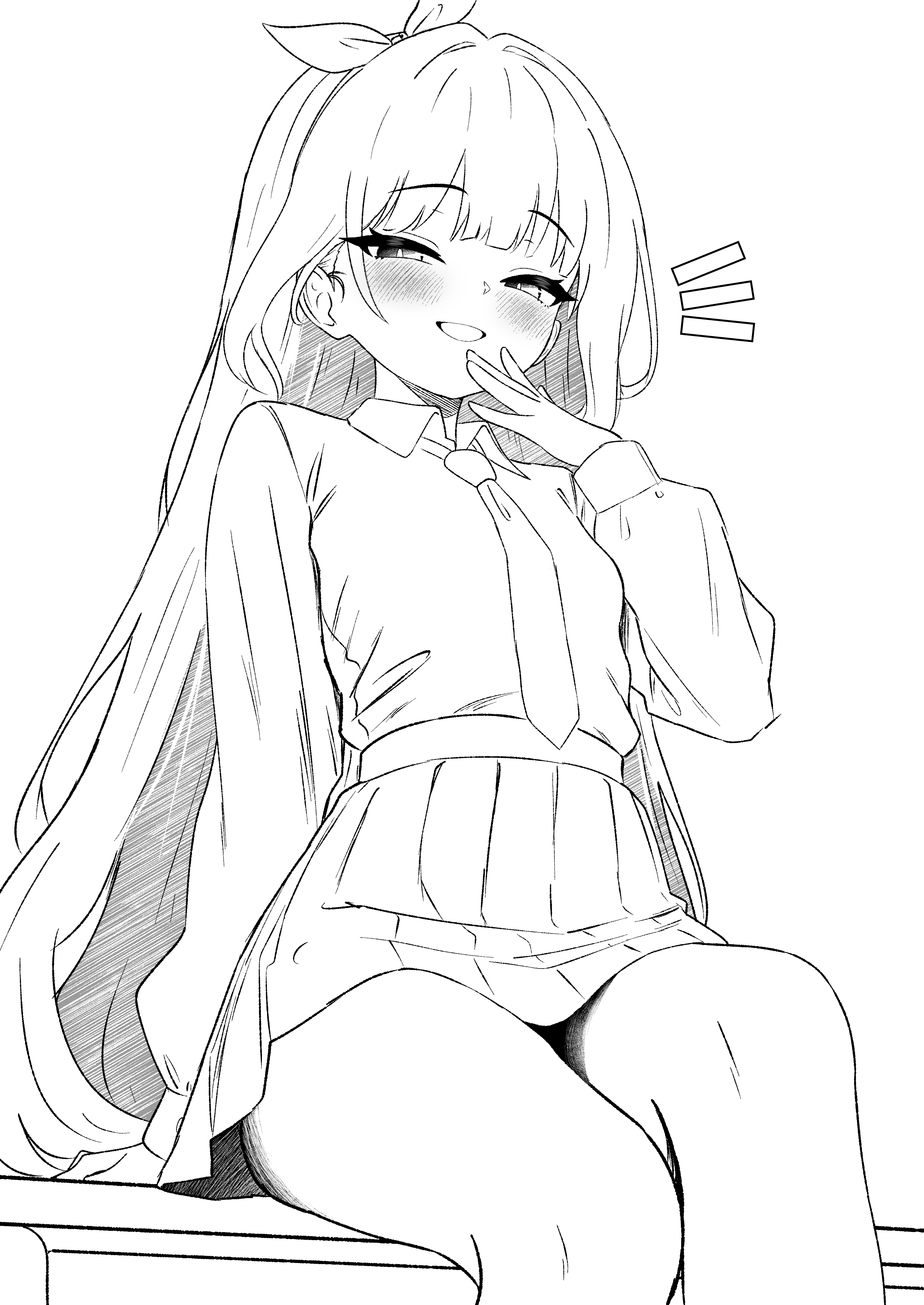 oldsickkim, original, absurdres, highres, 1girl, blush, collared shirt, greyscale, grin, hair ribbon, hand up, high-waist skirt, long hair, long sleeves, looking at viewer, monochrome, necktie, notice lines, pleated skirt, ribbon, shirt, shirt tucked in, sitting, skirt, smile, solo, thighs, very long hair