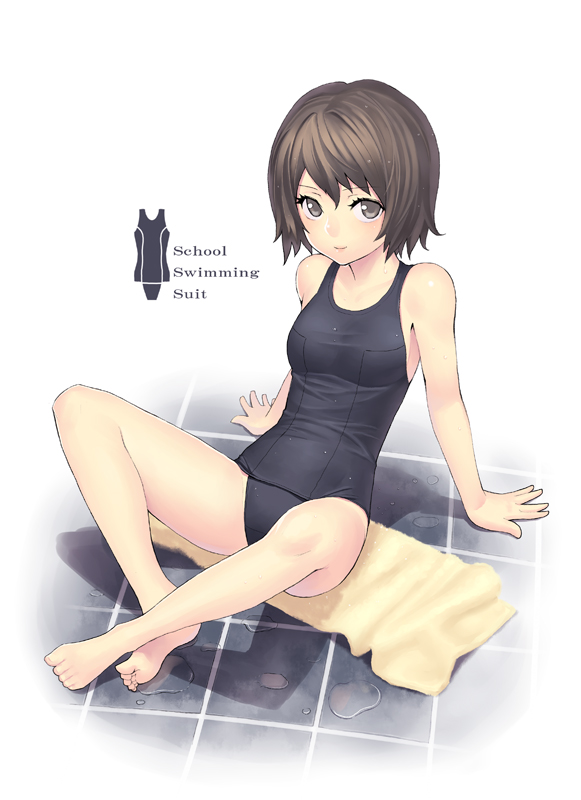 k+, original, arm support, barefoot, black one-piece swimsuit, brown eyes, brown hair, feet, one-piece swimsuit, school swimsuit, short hair, sitting, solo, swimsuit