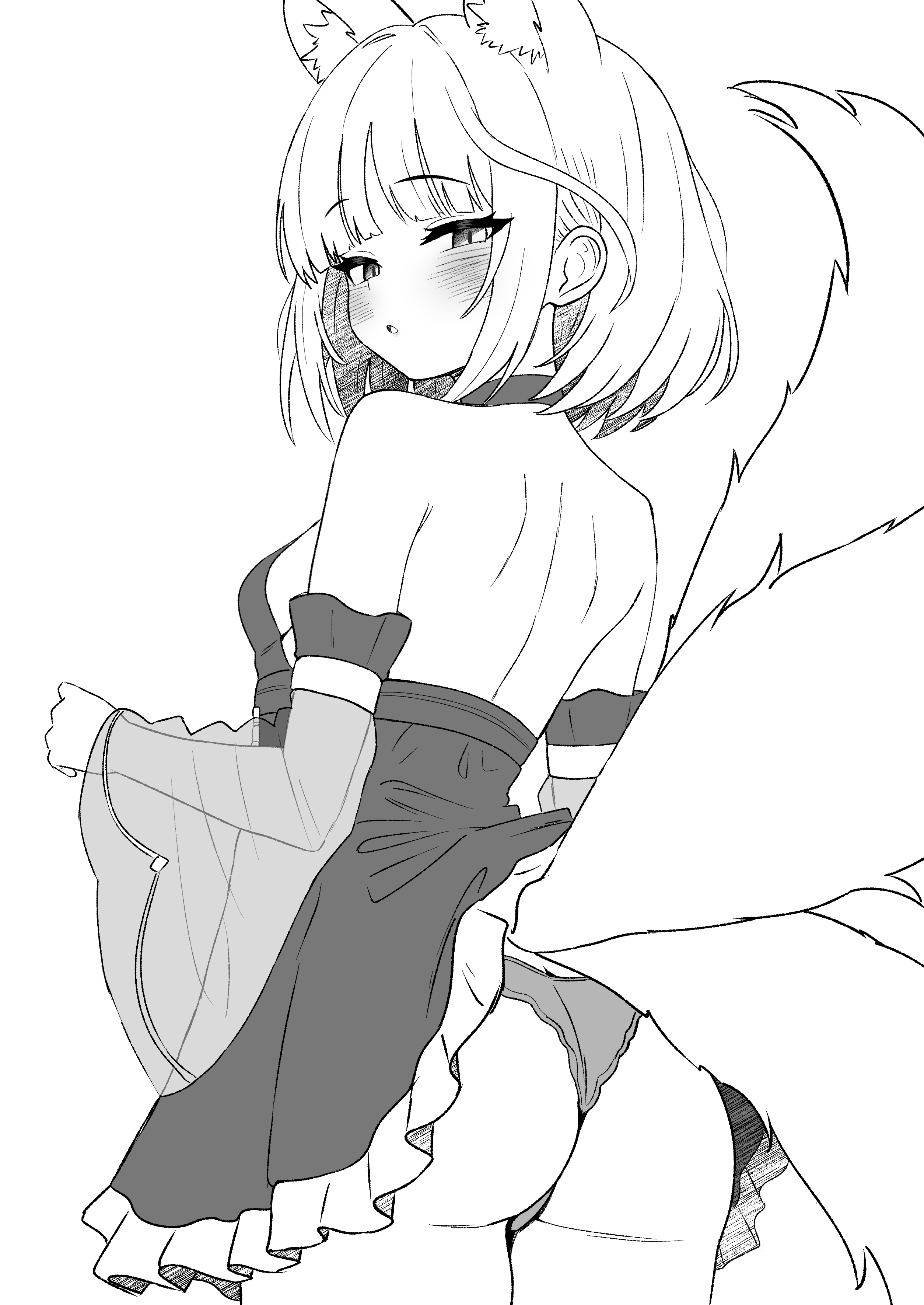 oldsickkim, original, absurdres, highres, 1girl, animal ears, ass, back, bare shoulders, blush, breasts, choker, cowboy shot, detached sleeves, dress, extra ears, fox ears, fox girl, fox tail, frilled dress, frills, from behind, greyscale, looking at viewer, looking back, median furrow, monochrome, multiple tails, panties, parted lips, see-through clothes, see-through sleeves, short hair, sleeveless, sleeveless dress, small breasts, solo, tail, tail raised, two tails, underwear, wide sleeves