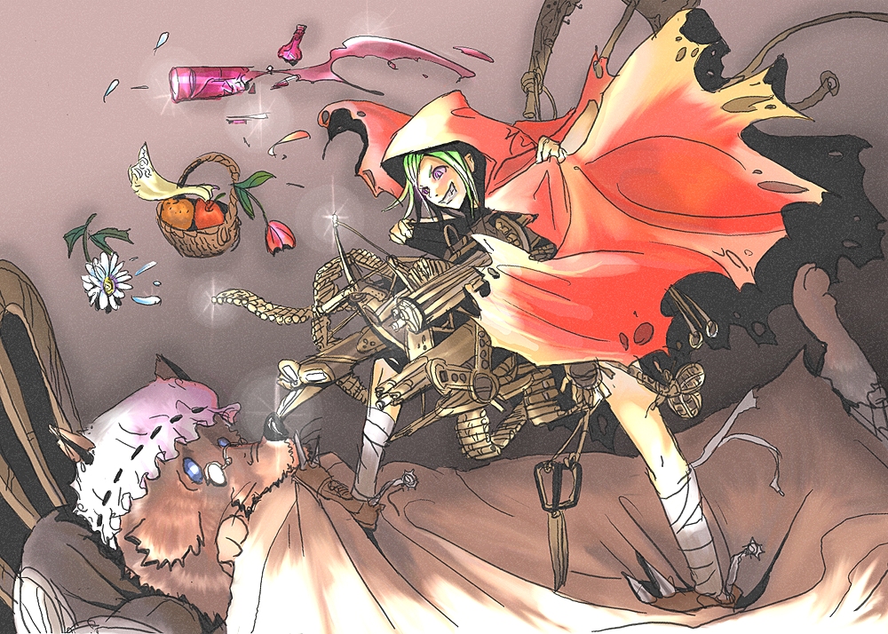kyan-dog, big bad wolf, grandmother (little red riding hood), little red riding hood (fairy tale character), little red riding hood (fairy tale), 1girl, bandages, basket, bed, cape, disguise, food, fruit, glasses, green hair, gun, hat, hood, machine gun, mob cap, red cape, scissors, spurs, surprised, weapon, wolf, you gonna get raped