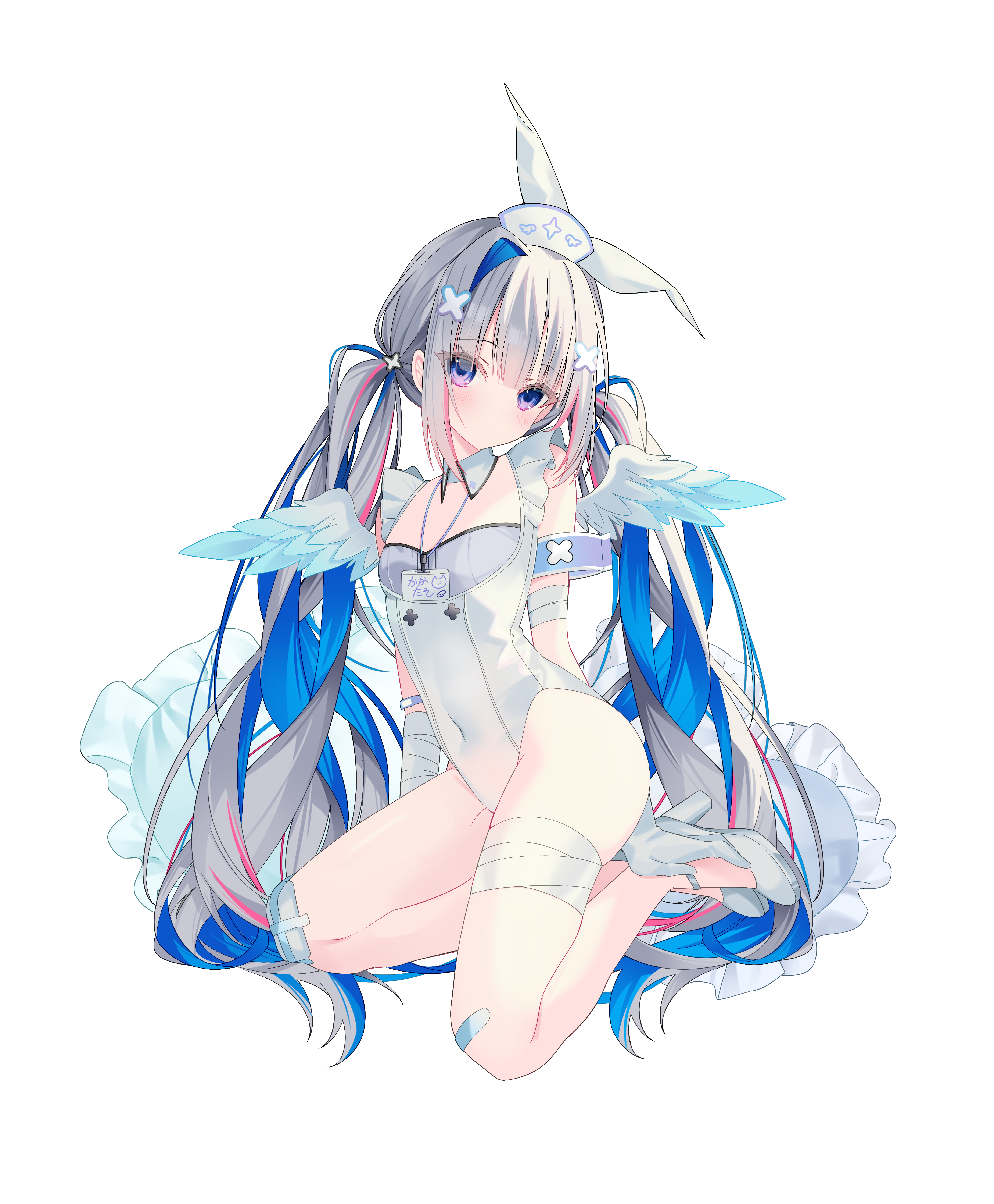 ureinnn, amane kanata, hololive, absurdres, highres, 1girl, angel wings, armband, bandaged arm, bandaged leg, bandages, bandaid, bandaid on leg, blue hair, blue wings, blush, breasts, colored inner hair, covered navel, detached collar, feathered wings, flat chest, frilled pillow, frills, full body, gradient wings, grey hair, grey shoes, hair ornament, hat, high heels, id card, lanyard, leotard, long hair, looking at viewer, multicolored hair, multicolored wings, name tag, nurse, nurse cap, official alternate hair length, official alternate hairstyle, pillow, pink hair, purple eyes, shoes, simple background, single hair intake, solo, streaked hair, twintails, very long hair, virtual youtuber, white background, white leotard, wings, x hair ornament
