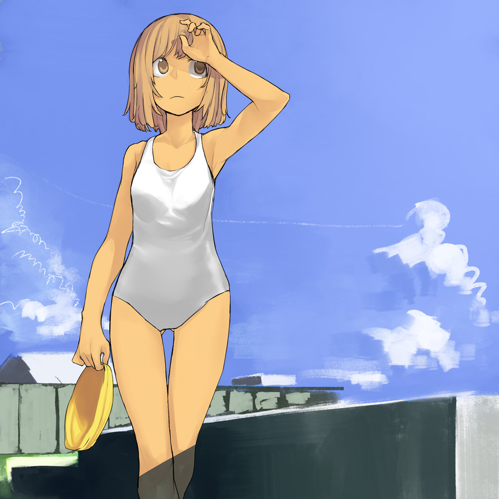 hama (22ji kara 24ji), bad id, bad pixiv id, 1girl, blonde hair, cloud, day, female focus, one-piece swimsuit, outdoors, school swimsuit, short hair, sky, solo, swim cap, swimsuit, white one-piece swimsuit, white school swimsuit