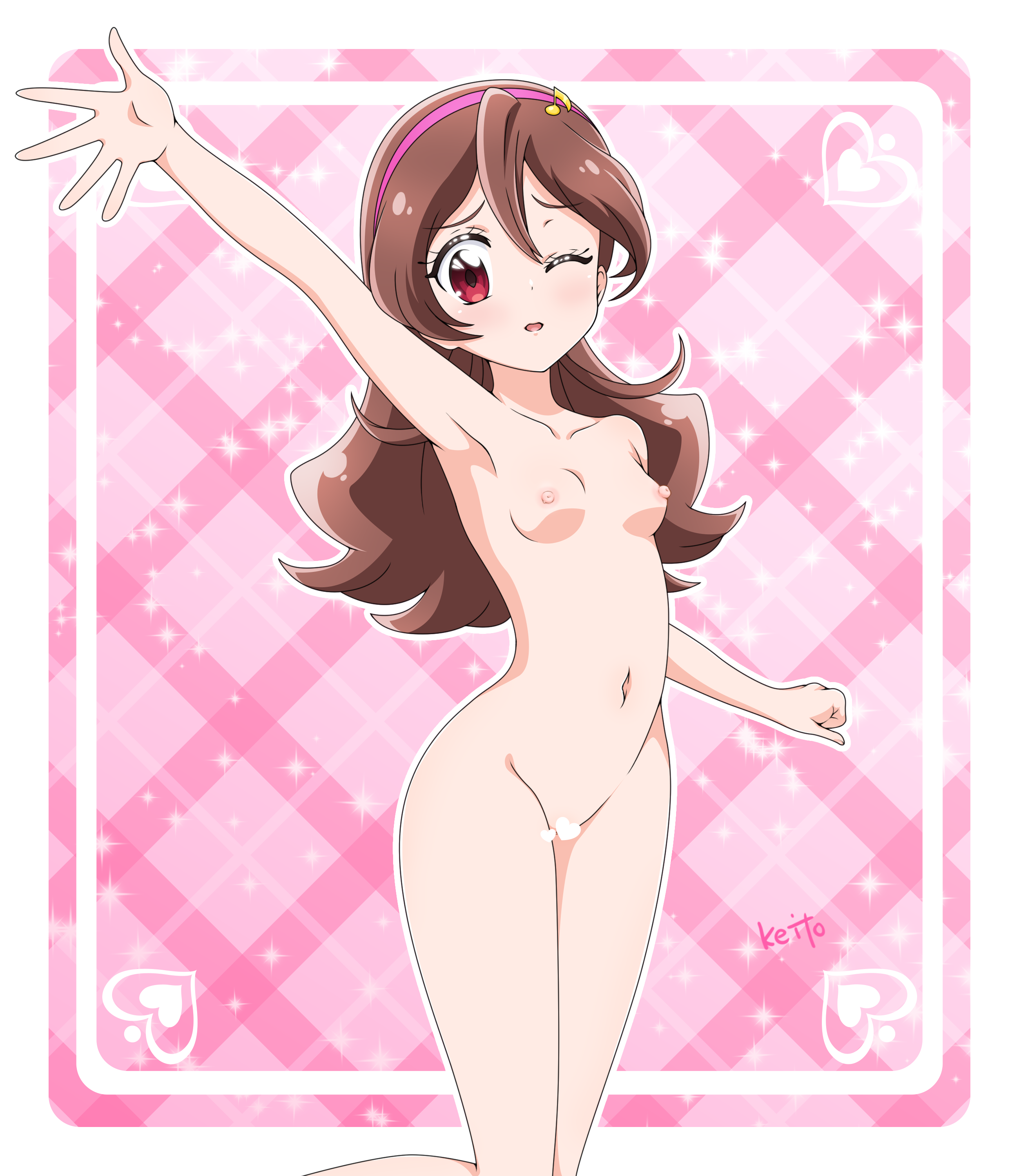 sakuragawa3710, sakura uta (precure), kimi to idol precure, precure, absurdres, commentary, highres, 1girl, anime coloring, arm up, armpits, artist name, border, breasts, brown hair, censored, clenched hand, collarbone, completely nude, cowboy shot, dot nose, double-parted bangs, furrowed brow, groin, hair between eyes, hairband, heart, heart background, heart censor, long hair, looking at viewer, navel, nipples, nude, one eye closed, open hand, outline, outside border, parted lips, pink background, pink hairband, plaid background, pussy, red eyes, small breasts, solo, sparkle, sparkle background, spread fingers, standing, standing on one leg, white border, white outline