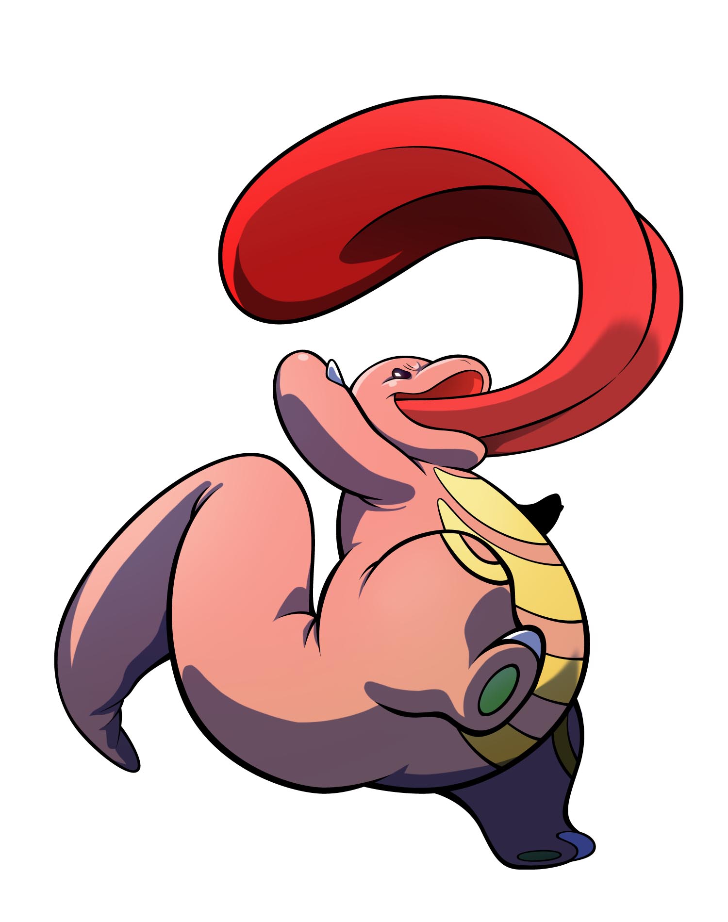 furuya maru, lickitung, nintendo, pokemon, highres, arms up, full body, gen 1 pokemon, pokemon (creature), simple background, solo, standing, tongue, tongue out, white background
