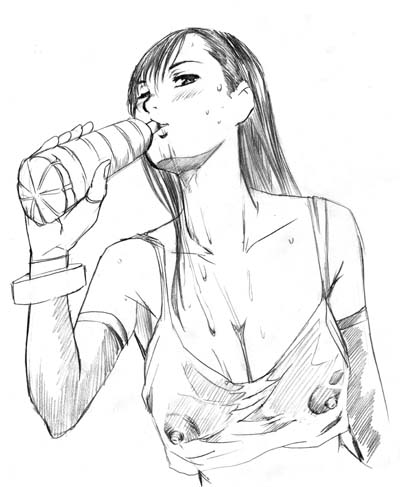 abura katabura, tifa lockhart, final fantasy, final fantasy vii, lowres, 1990s (style), 1girl, breasts, female focus, greyscale, monochrome, nipples, ponytail, retro artstyle, see-through clothes, shirt, solo, wet, wet clothes, wet shirt