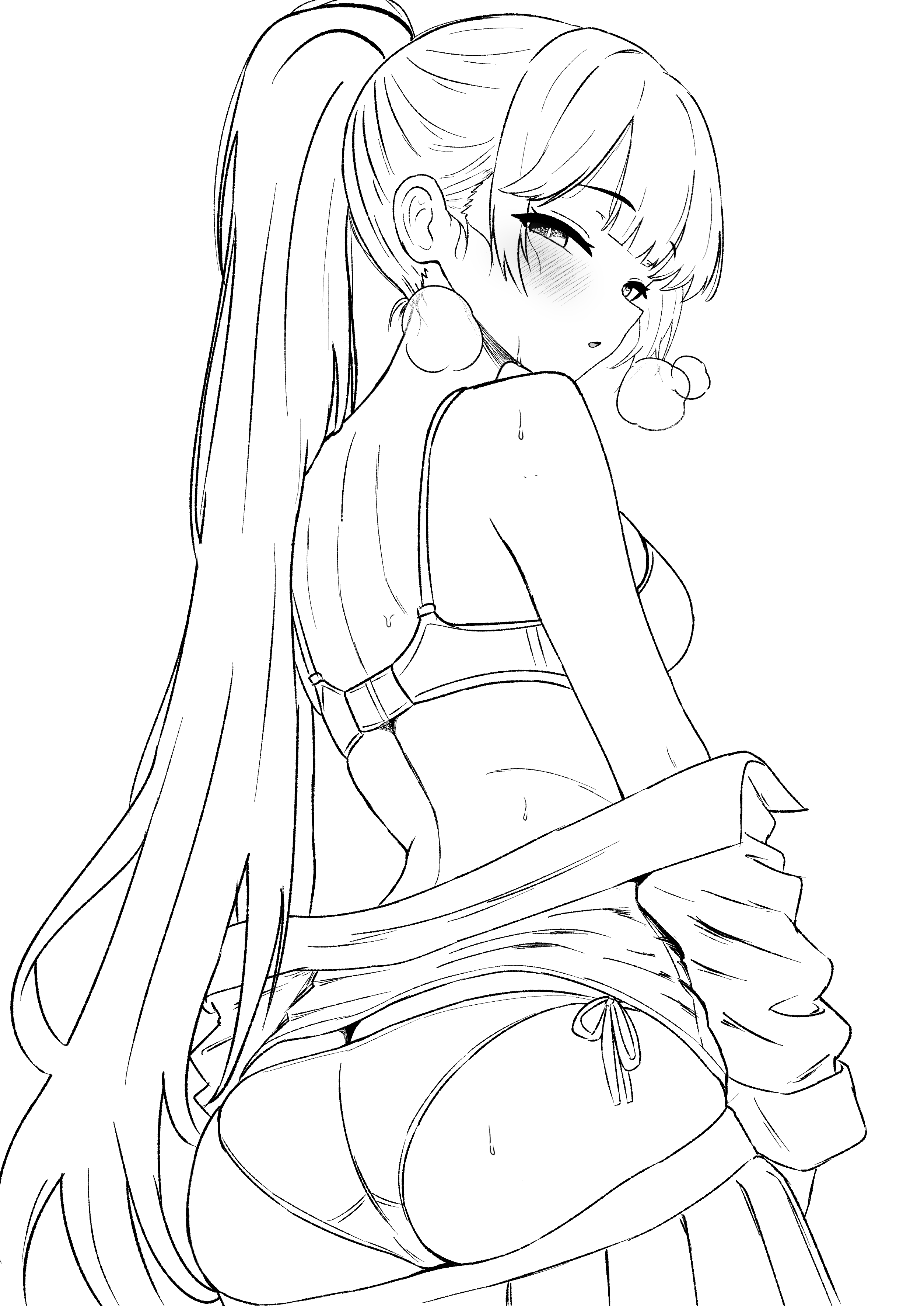oldsickkim, original, absurdres, highres, 1girl, ass, back, bare shoulders, bra, breasts, cowboy shot, greyscale, heavy breathing, long hair, looking at viewer, looking back, median furrow, medium breasts, monochrome, off shoulder, panties, parted lips, pleated skirt, ponytail, shirt, side-tie panties, skirt, solo, underwear
