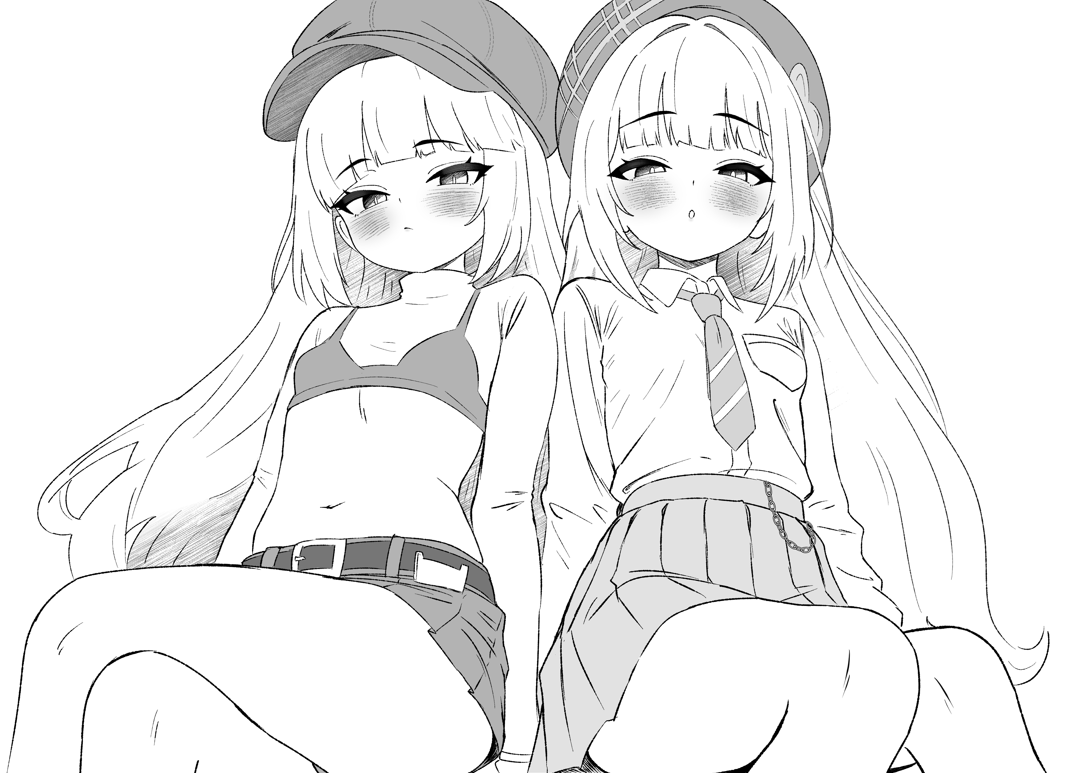 oldsickkim, original, absurdres, highres, 2girls, belt, black bra, blush, bra, breast pocket, breasts, closed mouth, collared shirt, crop top, crossed legs, greyscale, hat, high-waist skirt, long hair, long sleeves, looking at viewer, microskirt, midriff, miniskirt, monochrome, multiple girls, navel, necktie, newsboy cap, parted lips, pleated skirt, pocket, shirt, sitting, skirt, small breasts, stomach, thighs, underwear, very long hair