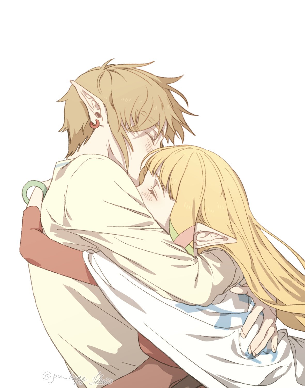 pu hegg, link, princess zelda, nintendo, the legend of zelda, the legend of zelda: skyward sword, hashtag-only commentary, highres, 1boy, 1girl, blonde hair, closed eyes, dress, from side, hetero, hug, long hair, long sleeves, mutual hug, pink dress, pointy ears, shawl, shirt, short hair, simple background, upper body, white background, white shawl, yellow shirt
