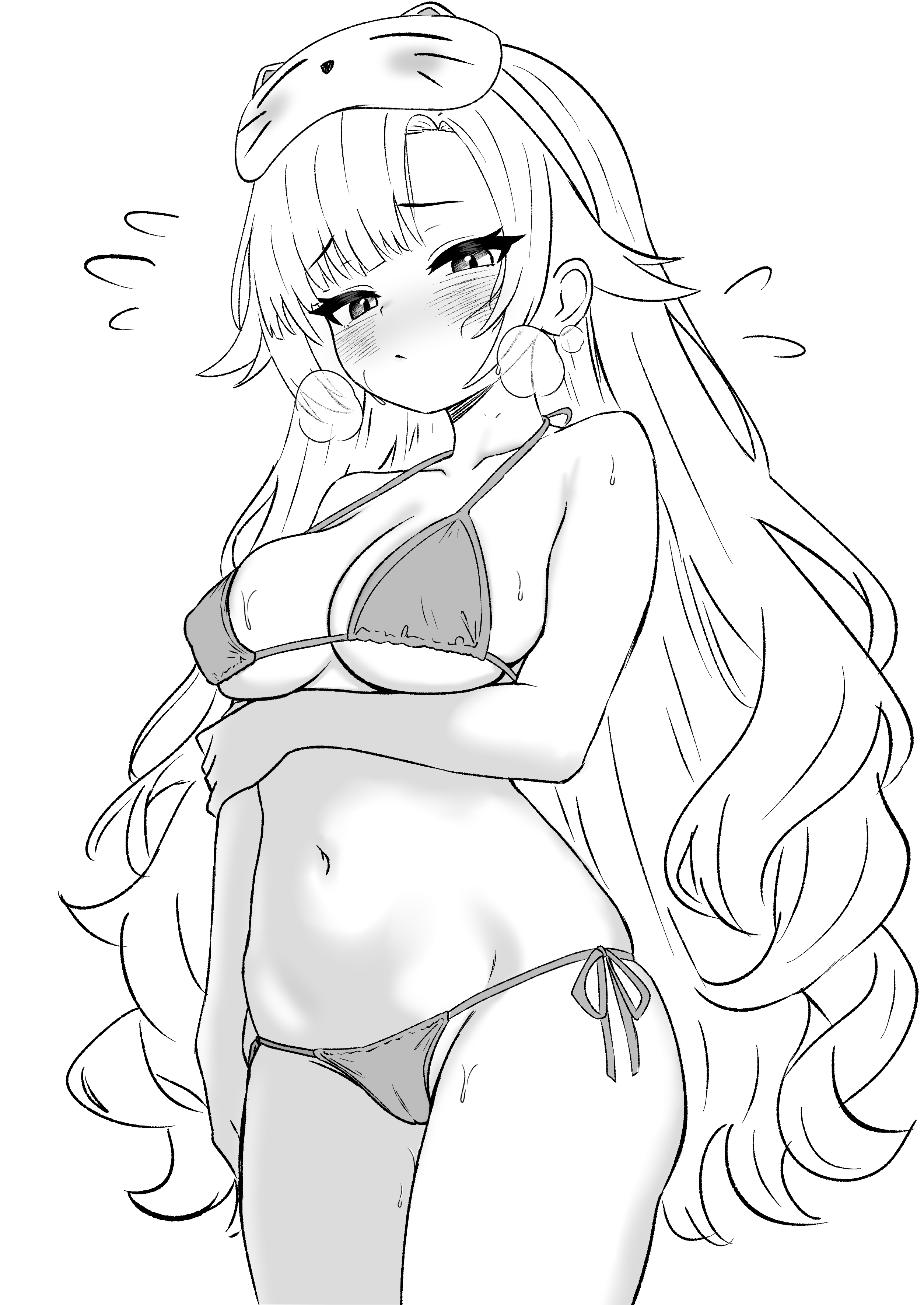 oldsickkim, original, absurdres, highres, 1girl, arm under breasts, bare arms, bare shoulders, bikini, blush, breasts, cameltoe, cleavage, covered erect nipples, cowboy shot, greyscale, halterneck, heavy breathing, long hair, looking at viewer, medium breasts, monochrome, navel, parted bangs, side-tie bikini bottom, sleep mask, solo, stomach, strap gap, string bikini, sweat, swimsuit, very long hair