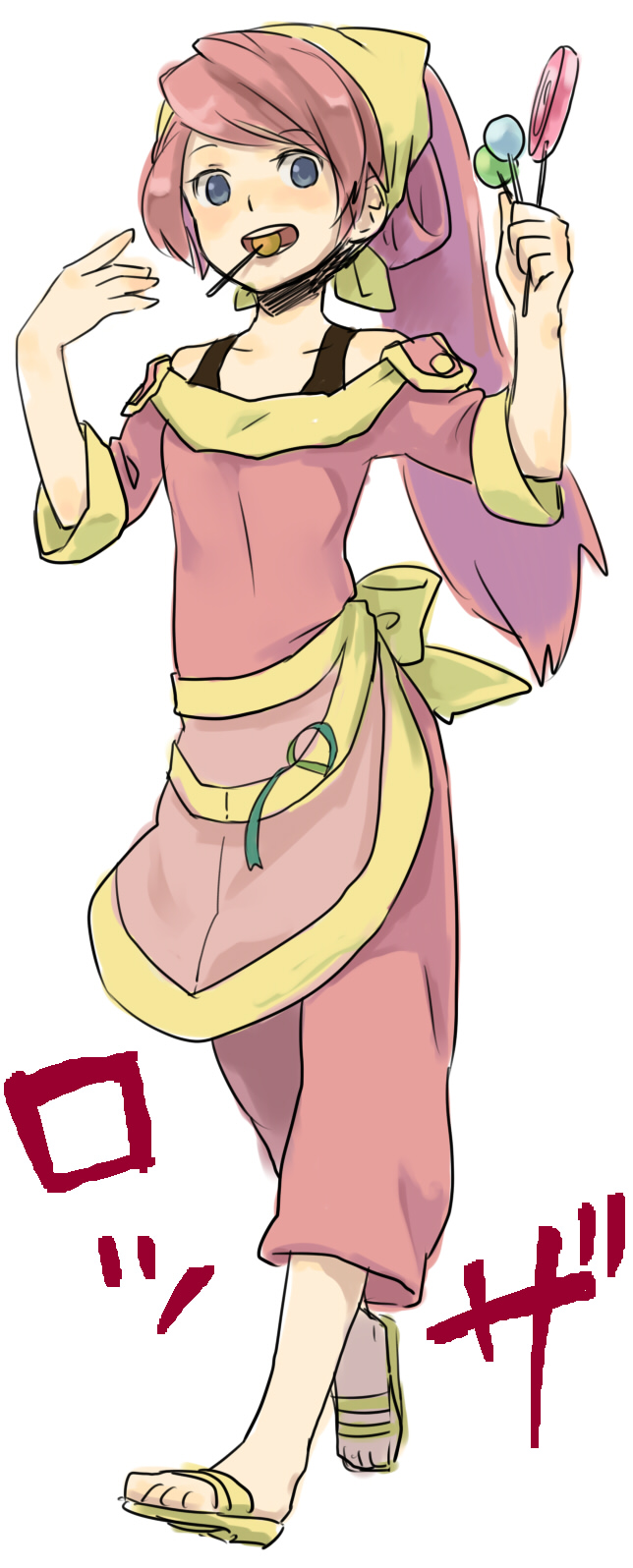 hara (hararako), lickitung, nintendo, pokemon, highres, 1girl, apron, bandana, blue eyes, breasts, candy, eating, food, full body, gen 1 pokemon, holding, holding candy, holding food, holding lollipop, lollipop, pants, personification, pink hair, pink pants, pink shirt, ponytail, sandals, shirt, small breasts, solo, standing, waist apron, yellow bandana