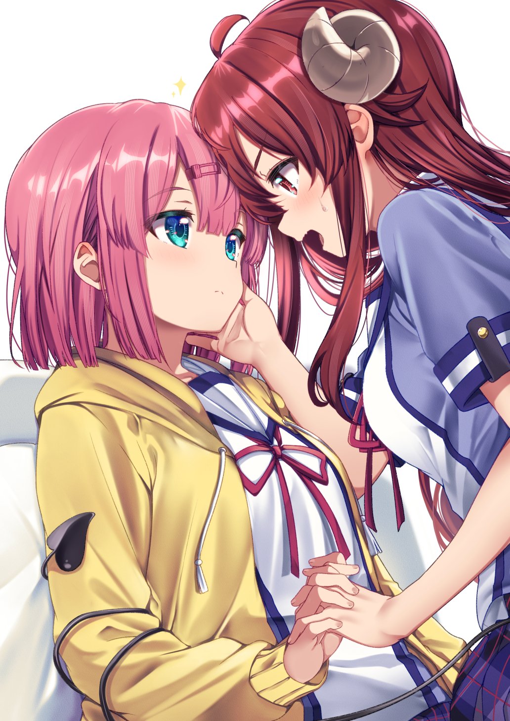 mad (hazukiken), chiyoda momo, yoshida yuuko, machikado mazoku, highres, 2girls, ahoge, blazer, blue eyes, brown eyes, brown hair, demon girl, demon horns, demon tail, eye contact, hair ornament, hairclip, hand on another's face, holding hands, horns, interlocked fingers, jacket, long hair, looking at another, medium hair, multiple girls, open mouth, pink hair, school uniform, simple background, skirt, sweatdrop, tail, tail wrap, yuri