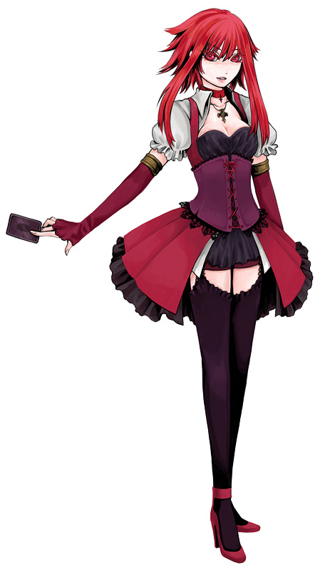 kiyoshi hana, rouka (roukaukauka), izayoi aki, yu-gi-oh!, yu-gi-oh! 5d's, bad id, bad pixiv id, 00s, 1girl, card, choker, corset, cross, dress, elbow gloves, female focus, garter belt, gloves, high heels, holding, holding card, lolita fashion, red eyes, red hair, shoes, short hair, skirt, solo, thighhighs, yu-gi-oh (card)