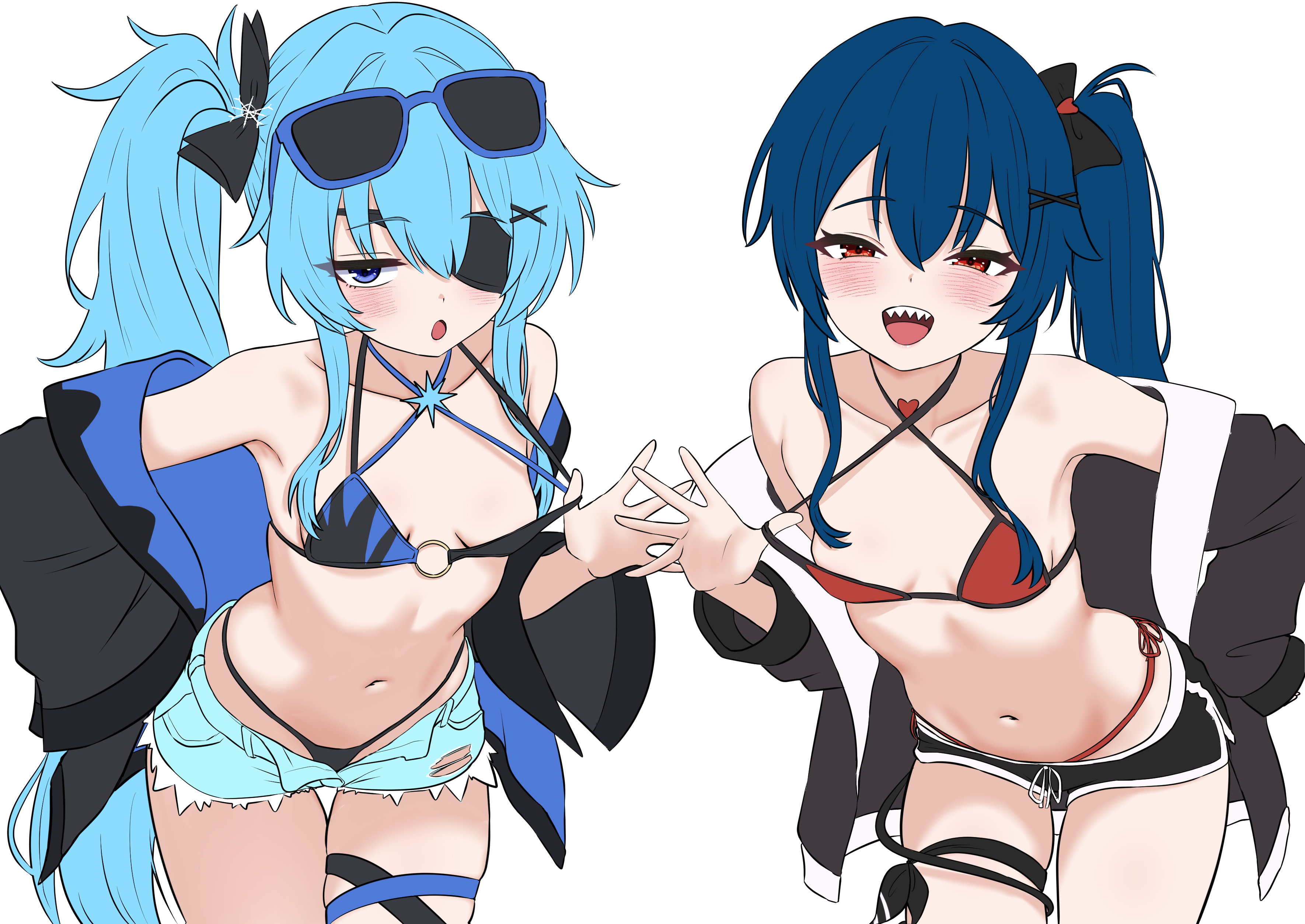 oldsickkim, original, absurdres, commission, highres, 2girls, :o, armpits, bare shoulders, bent over, bikini, bikini pull, black bikini, black jacket, blue-framed eyewear, blue eyes, blue hair, blue shorts, bow, breasts, clothes pull, cowboy shot, criss-cross halter, cutoffs, denim, denim shorts, dolphin shorts, drawstring, erno (storm), eyepatch, eyewear on head, hair bow, halterneck, hand on own hip, heart, jacket, long hair, long sleeves, looking at viewer, micro shorts, multi-strapped bikini top, multiple girls, navel, o-ring, o-ring bikini, off shoulder, open clothes, open fly, open jacket, open mouth, ponytail, pulling own clothes, red bikini, red eyes, sharp teeth, short shorts, shorts, side-tie bikini bottom, side ponytail, simple background, skindentation, small breasts, smile, standing, stomach, strap pull, string bikini, sunglasses, swimsuit, tail around own leg, teeth, thigh gap, thigh strap, thighs, very long hair, wet, white background, zero (storm)
