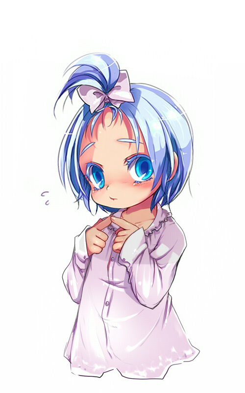 kumuiutabito, bad id, bad pixiv id, 1girl, blue eyes, blue hair, blush, child, female focus, forehead, high ponytail, matching hair/eyes, nervous, ponytail, solo, sweatdrop