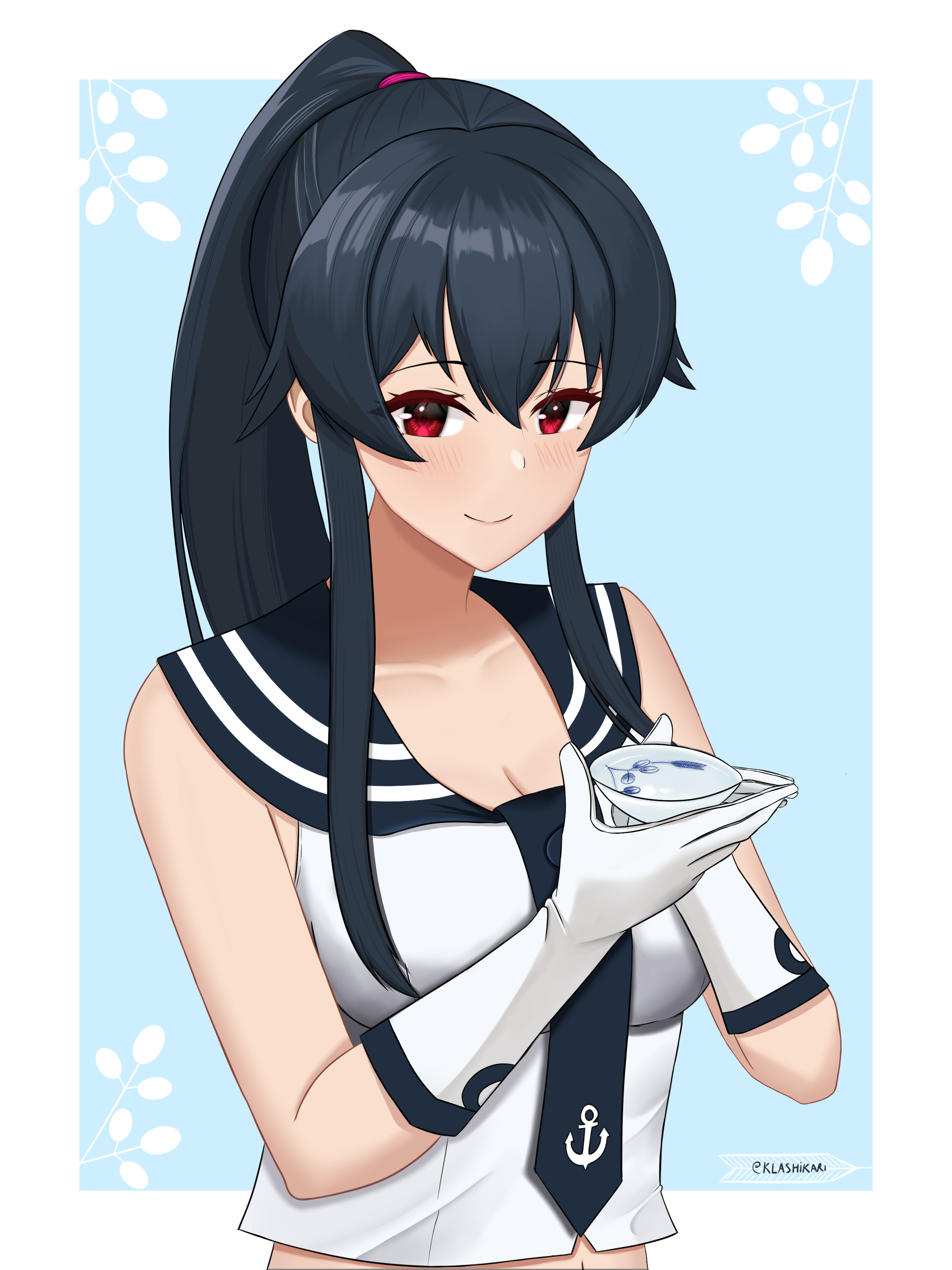 klashikari, yahagi (kancolle), kantai collection, absurdres, highres, 1girl, alcohol, anchor symbol, black hair, blue background, blue neckerchief, blue sailor collar, blush, breasts, cleavage, cup, gloves, hair ornament, hair scrunchie, holding, holding cup, large breasts, long hair, looking at viewer, neckerchief, ponytail, red eyes, sailor, sailor collar, sailor shirt, sakazuki, sake, scrunchie, shirt, simple background, sleeveless, sleeveless shirt, smile, solo, upper body, white gloves, white shirt