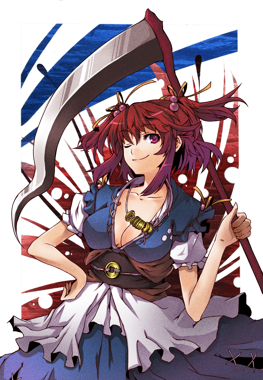 hitoto, onozuka komachi, touhou, bad id, bad pixiv id, highres, 1girl, breasts, cleavage, dress, female focus, medium breasts, red hair, scythe, solo, twintails, two side up, white background