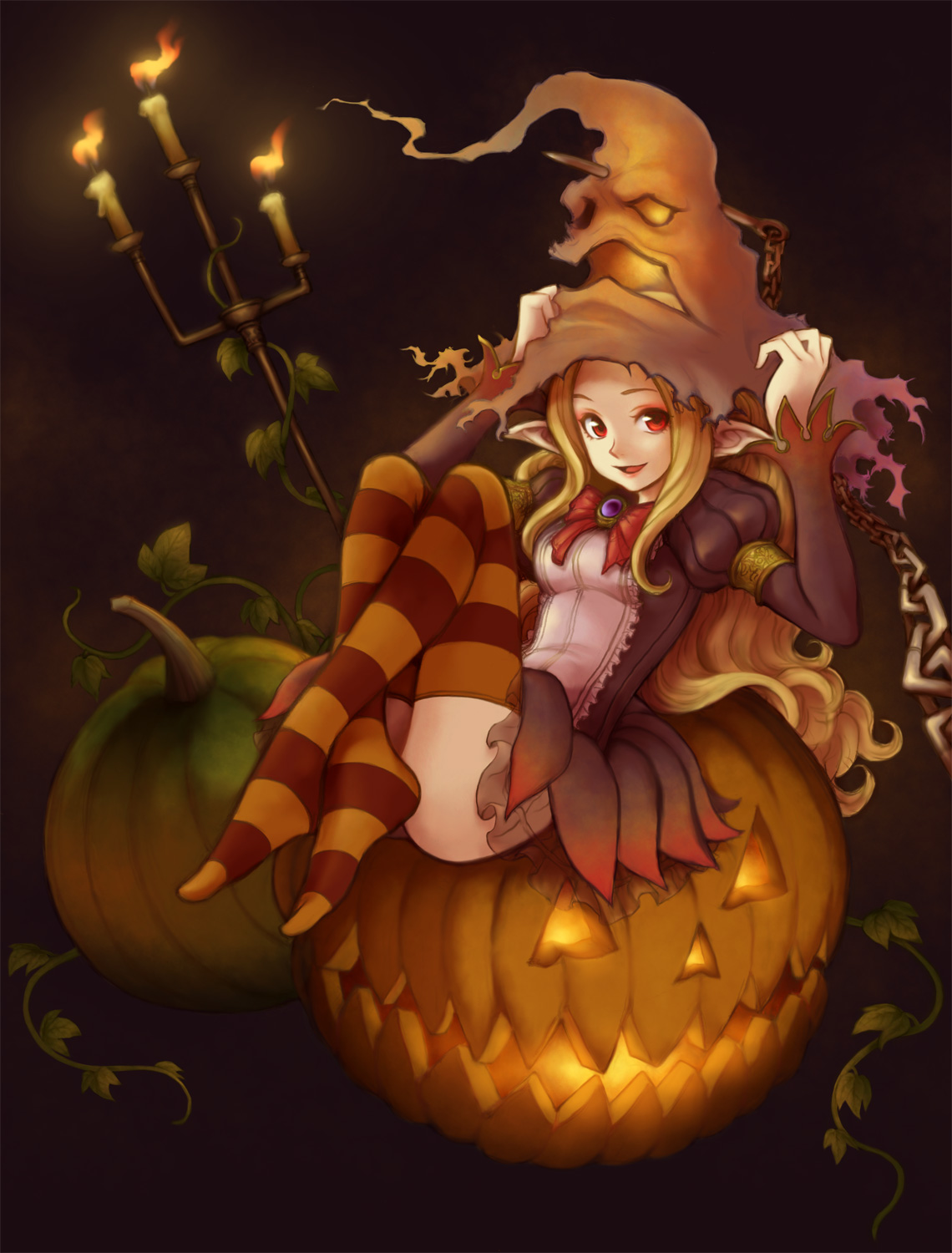 toshi, original, highres, blonde hair, candle, chain, hat, jack-o'-lantern, long hair, pointy ears, pumpkin, red eyes, sitting, solo, striped clothes, striped thighhighs, thighhighs