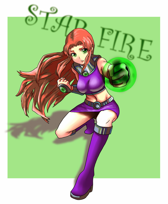 yokkora, starfire, cartoon network, dc comics, teen titans, 1girl, alien, animification, boots, character name, female focus, gorget, green eyes, long hair, midriff, pencil skirt, purple boots, purple skirt, red hair, shoes, skirt, sleeveless, solo, thigh boots, thighhighs