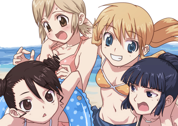 hirose (mokiki), iizuka tatsuki, kageyama torako, nonomura ayumi, saotome suzume, hyakko, 00s, 4girls, beach, bikini, blonde hair, blue eyes, blue hair, blush, breasts, brown eyes, brown hair, double bun, grabbing another's breast, groping, hair bun, innertube, multiple girls, small breasts, swim ring, swimsuit, triangle mouth