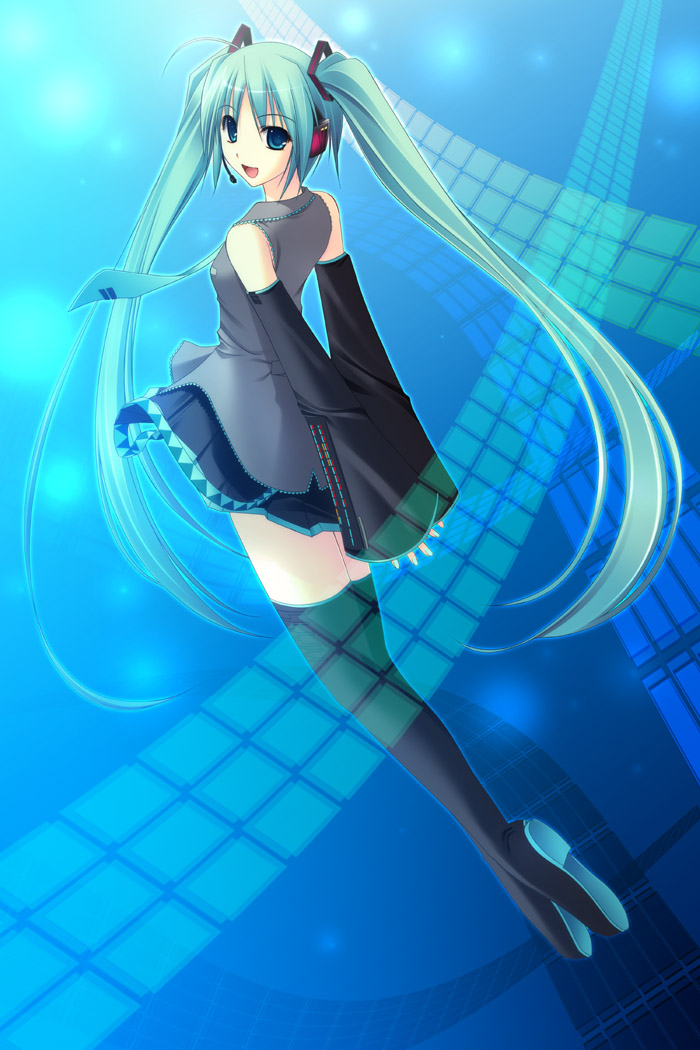 takepon, hatsune miku, vocaloid, blue eyes, detached sleeves, green hair, legs, long hair, microphone, necktie, skirt, solo, thighhighs, twintails, zettai ryouiki