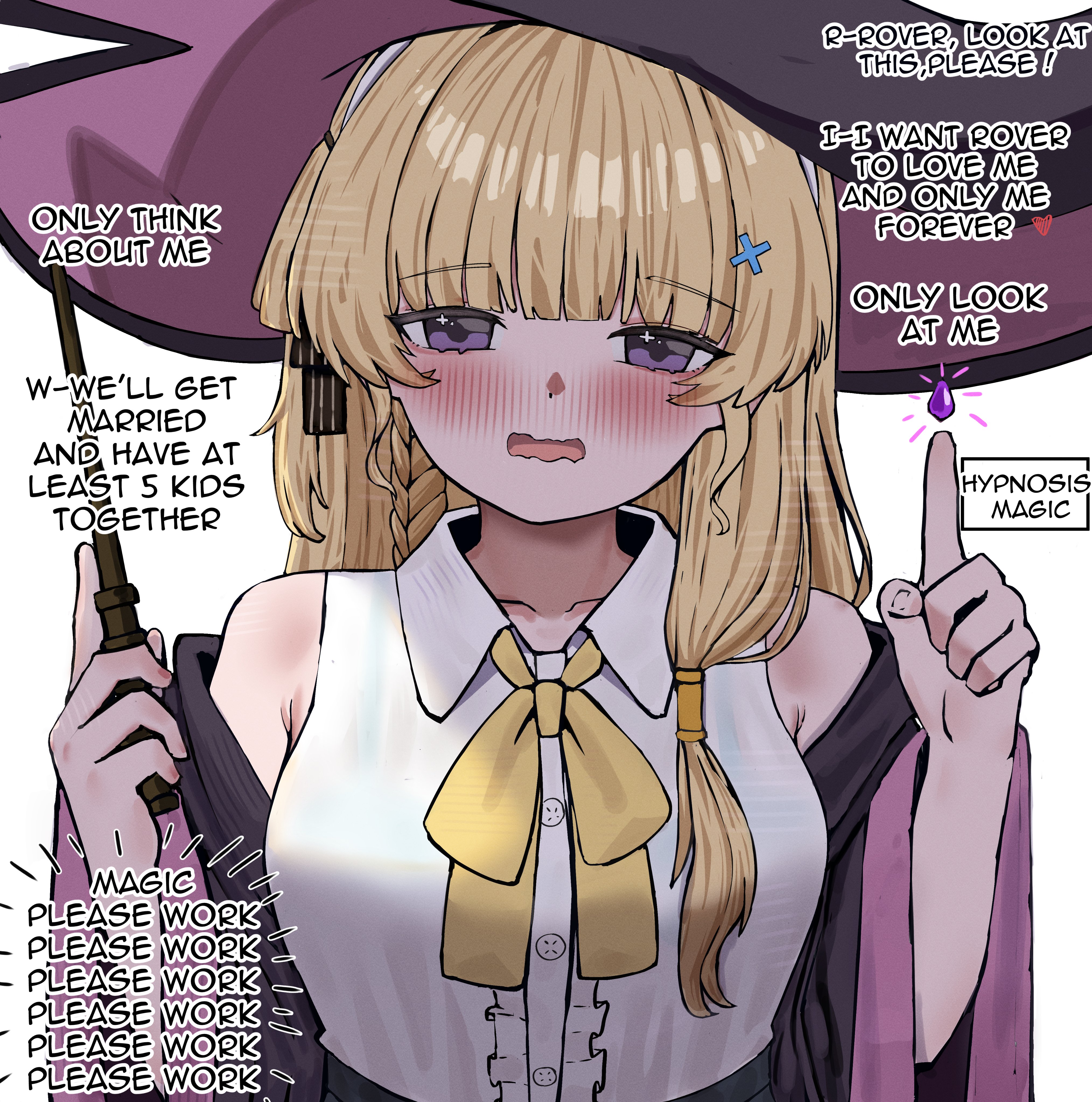 2na (blue2na), elaina (majo no tabitabi), hondo kaede, phoebe (wuthering waves), majo no tabitabi, wuthering waves, absurdres, commentary, english commentary, highres, 1girl, bare shoulders, blonde hair, blush, bra visible through clothes, casting spell, center frills, collarbone, cosplay, elaina (majo no tabitabi) (cosplay), english text, frills, hair ornament, hands up, hat, holding, holding wand, index finger raised, long hair, looking at viewer, neck ribbon, off shoulder, open mouth, purple eyes, purple robe, ribbon, robe, shirt, simple background, sleeveless, sleeveless shirt, solo, voice actor connection, wand, white background, white shirt, witch hat, x hair ornament, yellow ribbon