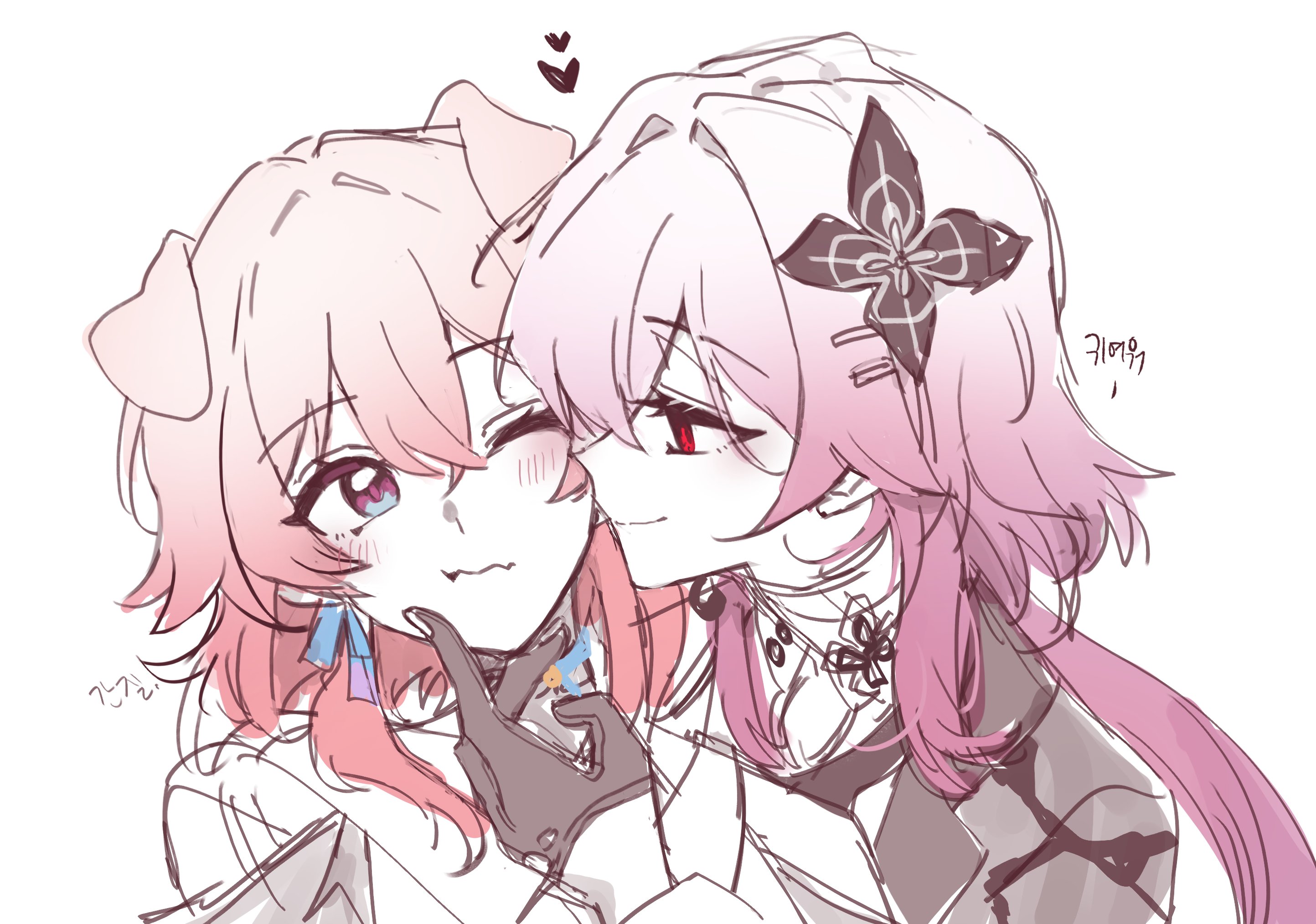 evernight (honkai: star rail), march 7th (honkai: star rail), march 7th (preservation) (honkai: star rail), honkai: star rail, honkai (series), highres, 2girls, animal ears, black gloves, blush, dog ears, dual persona, flower, gloves, hair between eyes, hair flower, hair ornament, hairclip, i bgd ho, multicolored eyes, multiple girls, one eye closed, parallel hairclips, pink hair, red eyes, simple background, smirk, two-tone eyes, yuri
