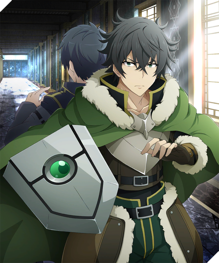 iwatani naofumi, tate no yuusha no nariagari, trinity seven, artist request, character request, third-party source, 2boys, arm shield, armor, armored gloves, back-to-back, belt, black belt, black gloves, black hair, black jacket, black shirt, breastplate, brown shirt, cloak, closed mouth, collarbone, cowboy shot, elbow gloves, fingerless gloves, frown, fur-trimmed armor, fur-trimmed cloak, fur-trimmed gloves, fur trim, gloves, green cloak, green eyes, green pants, hair between eyes, hands up, indoors, jacket, layered shirt, leather armor, legendary shield (small shield) (tate no yuusha no nariagari), legendary shield (tate no yuusha no nariagari), light rays, long sleeves, looking at viewer, male focus, messy hair, multiple boys, pants, shirt, short hair, sidelocks, solo focus, sunbeam, sunlight, tassets