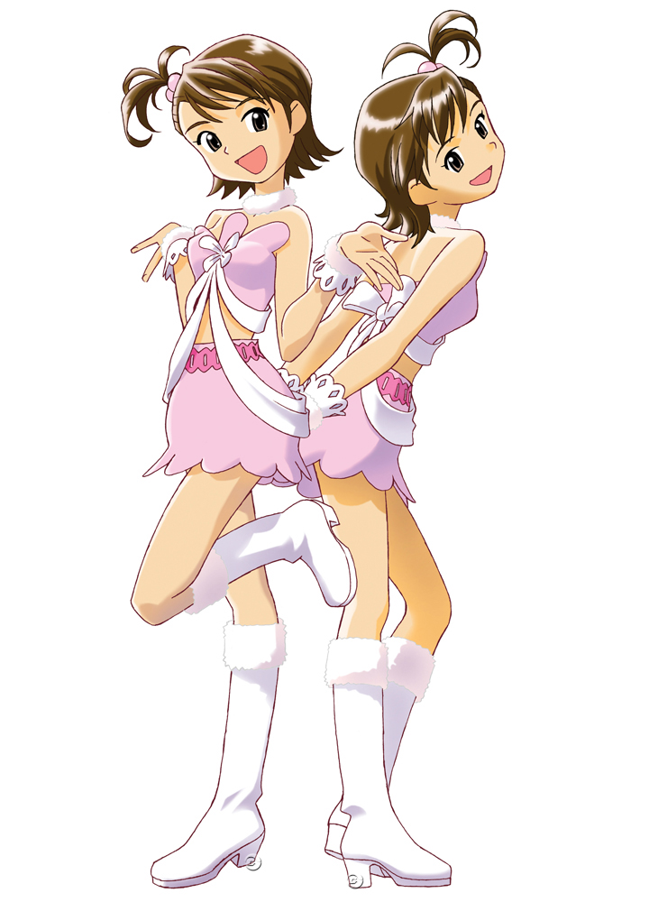 kubooka toshiyuki, futami ami, futami mami, idolmaster, idolmaster (classic), idolmaster 1, non-web source, official art, 00s, 2girls, back-to-back, boots, brown eyes, brown hair, cute & girly (idolmaster), hair bobbles, hair ornament, idol, looking at viewer, multiple girls, short hair, siblings, side ponytail, simple background, sisters, standing, twins, white background