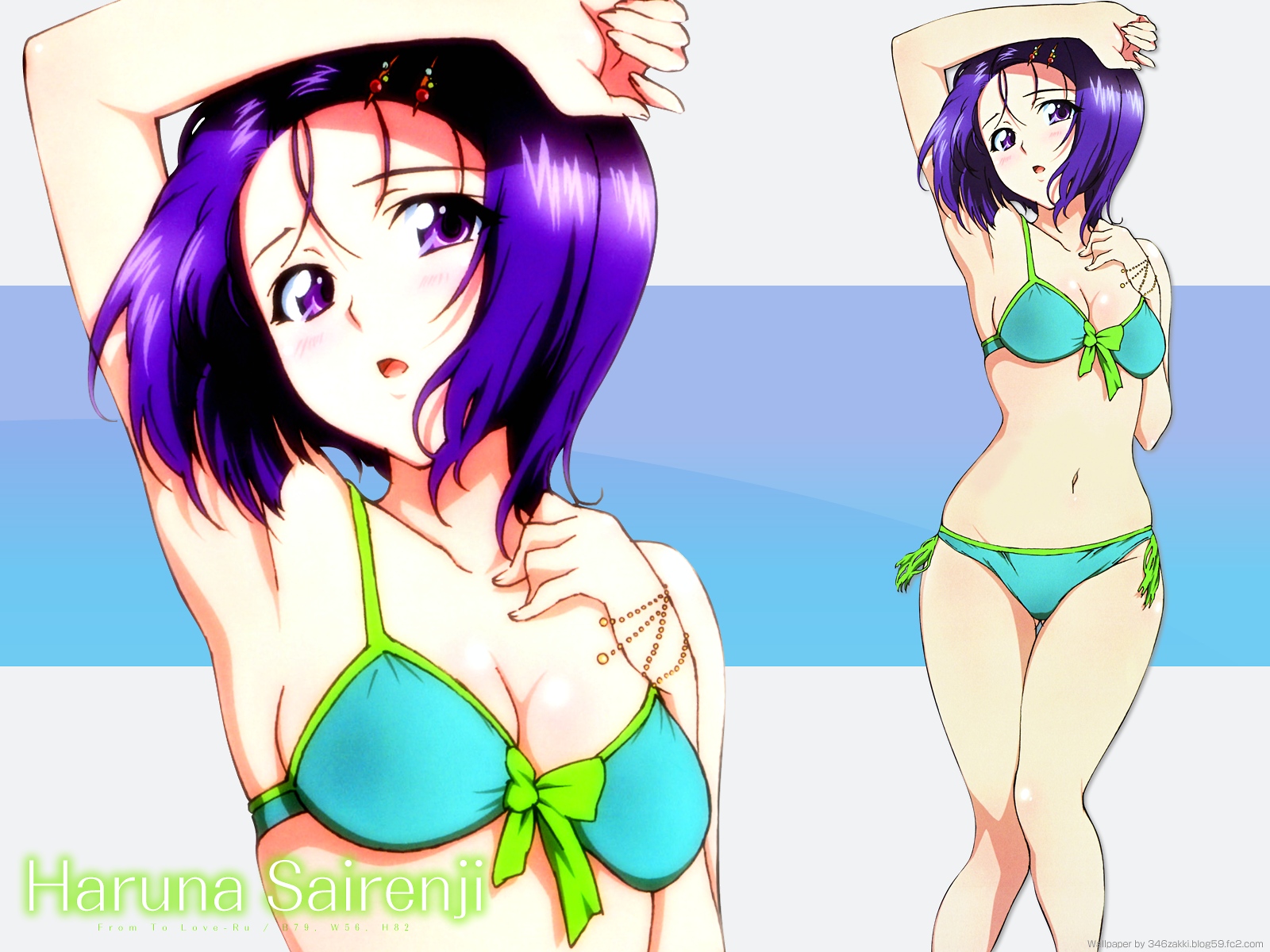 norita takumo, sairenji haruna, to love-ru, highres, non-web source, 00s, 1girl, arm up, armpits, bikini, blue bikini, blush, breasts, character name, cleavage, female focus, hair ornament, hairclip, hand on own chest, hip focus, navel, purple eyes, purple hair, short hair, solo, swimsuit, wide hips, zoom layer