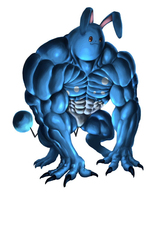 azumarill, nintendo, pokemon, abs, bulk up (pokemon), buukakka, full body, gen 2 pokemon, muscular, no humans, pokemon (creature), simple background, white background