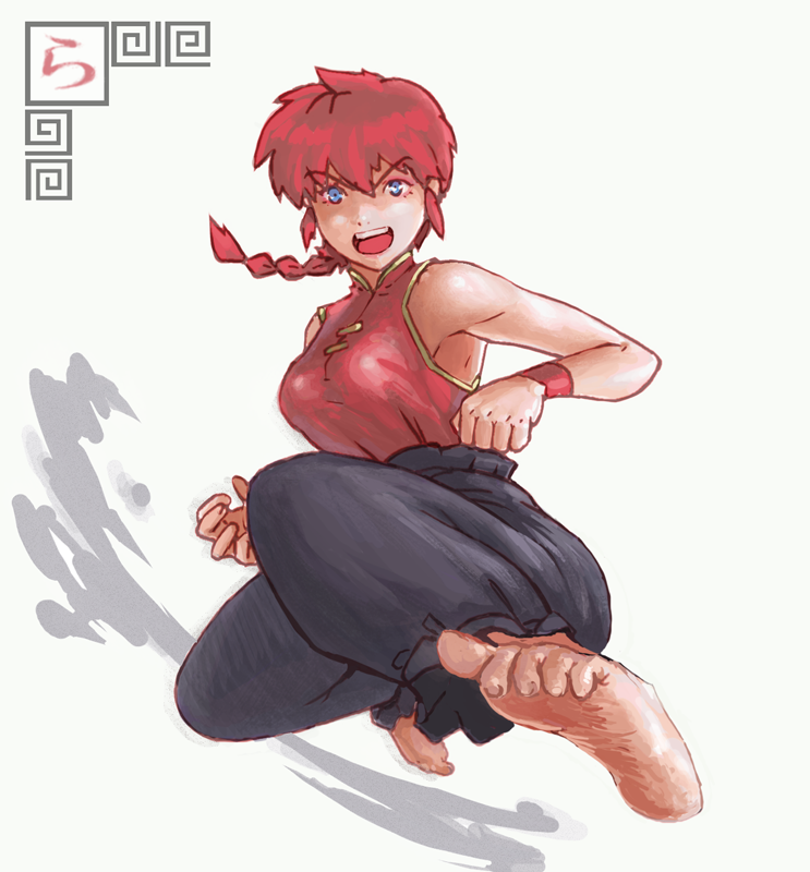 lyk, ranma-chan, saotome ranma, ranma 1/2, md5 mismatch, 1girl, bare shoulders, barefoot, battle, blue eyes, braid, braided ponytail, feet, female focus, full body, genderswap, genderswap (mtf), jumping, kicking, long hair, red hair, single braid, soles, solo, toe scrunch, toes