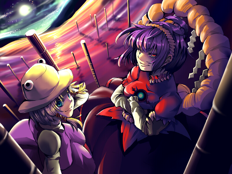 aryus, moriya suwako, yasaka kanako, touhou, bad id, bad pixiv id, 2girls, aqua eyes, creepy, crossed arms, dress, female focus, hat, looking at viewer, moon, multiple girls, onbashira, red eyes, rope, shaded face, shimenawa, short hair with long locks, smile