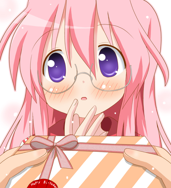 minami (colorful palette), takara miyuki, lucky star, 00s, 1girl, birthday, blush, gift, giving, glasses, holding, holding gift, pink hair, pov, solo focus