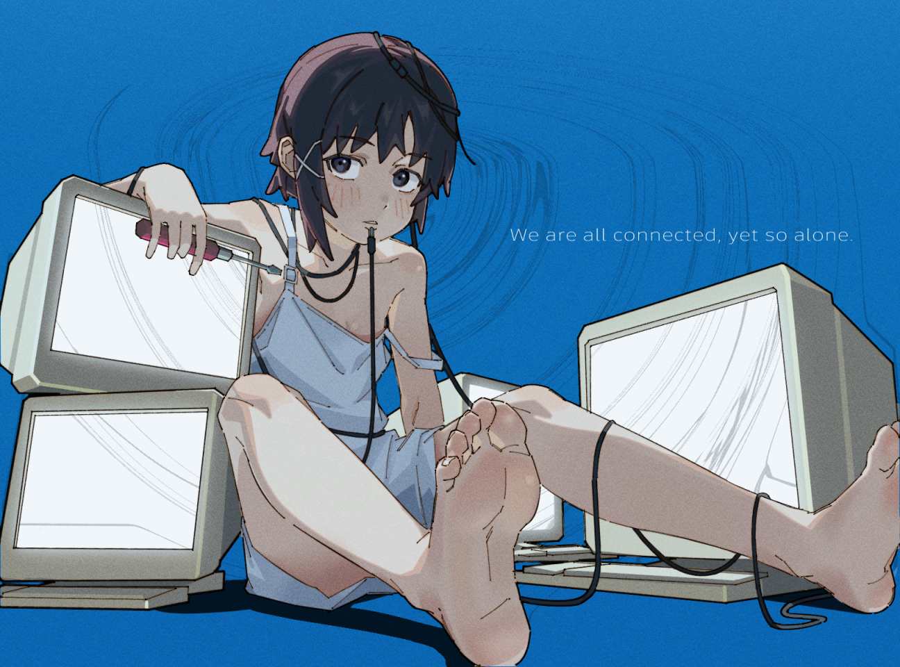 eflo (794753336), iwakura lain, serial experiments lain, highres, 1girl, barefoot, black eyes, black hair, blush, feet, medium hair, monitor, parted lips, screwdriver, soles, strap slip, toes