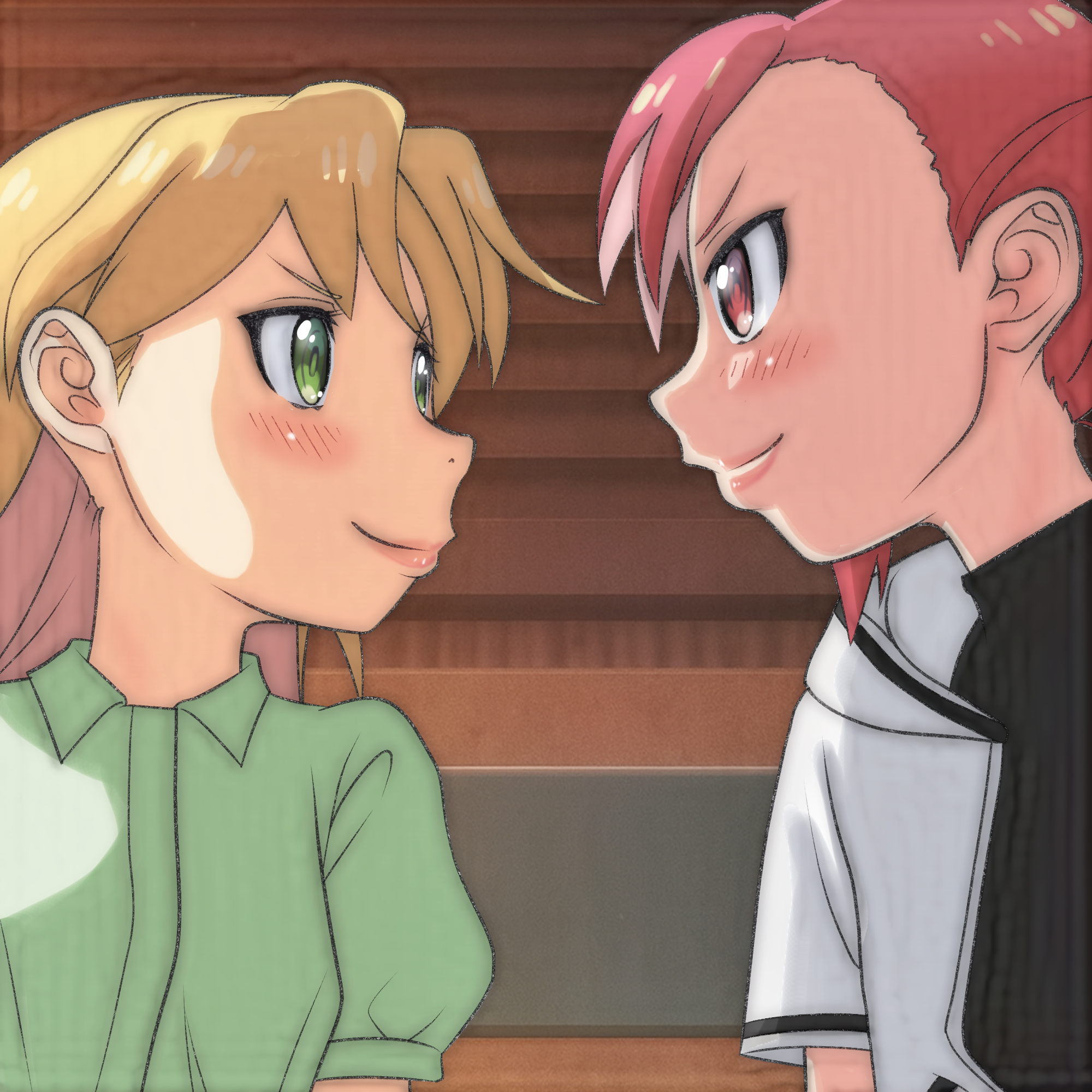 t jiroo (ringofriend), seto shouko, tanigawa ruri, ruri no houseki, 2girls, black shirt, blonde hair, blush, breasts, ceiling, green eyes, green shirt, jacket, long hair, looking at another, multicolored hair, multiple girls, open clothes, open jacket, pink hair, puffy sleeves, red eyes, red hair, shirt, short sleeves, small breasts, smile, two-tone hair, upper body, white jacket