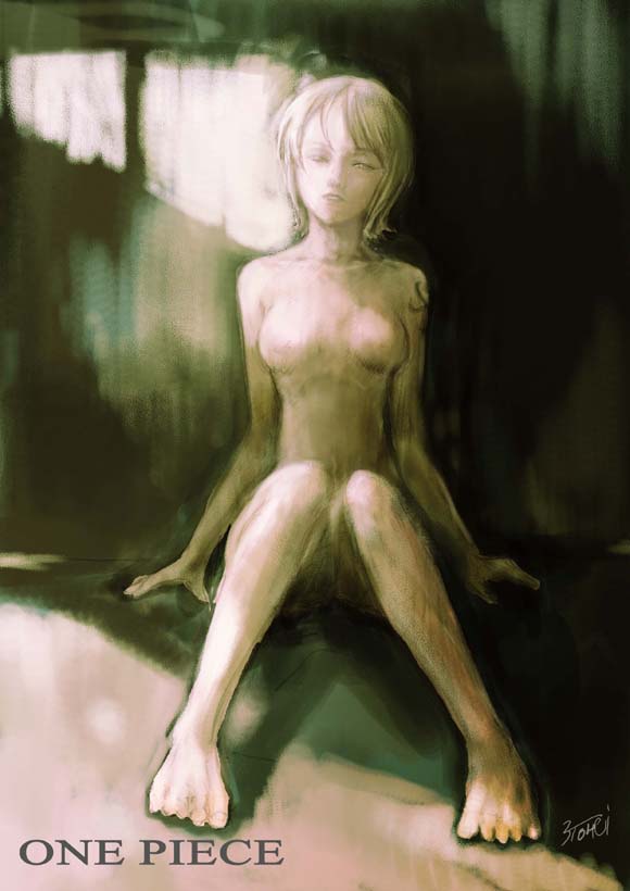 santouhei (3tohei), nami (one piece), one piece, 1girl, alternate breast size (smaller), arm support, arm tattoo, breasts, completely nude, copyright name, dark background, facing viewer, faux traditional media, female focus, full body, half-closed eyes, head tilt, knees together feet apart, limited palette, looking at viewer, no nipples, nude, orange hair, realistic, short hair, sidelighting, signature, sitting, small breasts, solo, tattoo