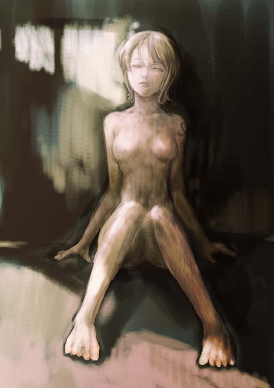 santouhei (3tohei), nami (one piece), one piece, 1girl, alternate breast size (smaller), arm support, arm tattoo, breasts, collarbone, completely nude, dark background, facing viewer, faux traditional media, feet, female focus, full body, half-closed eyes, head tilt, knees together feet apart, limited palette, looking at viewer, nipples, no nipples, nostrils, nude, on floor, orange hair, realistic, short hair, sidelighting, sitting, small breasts, solo, tattoo