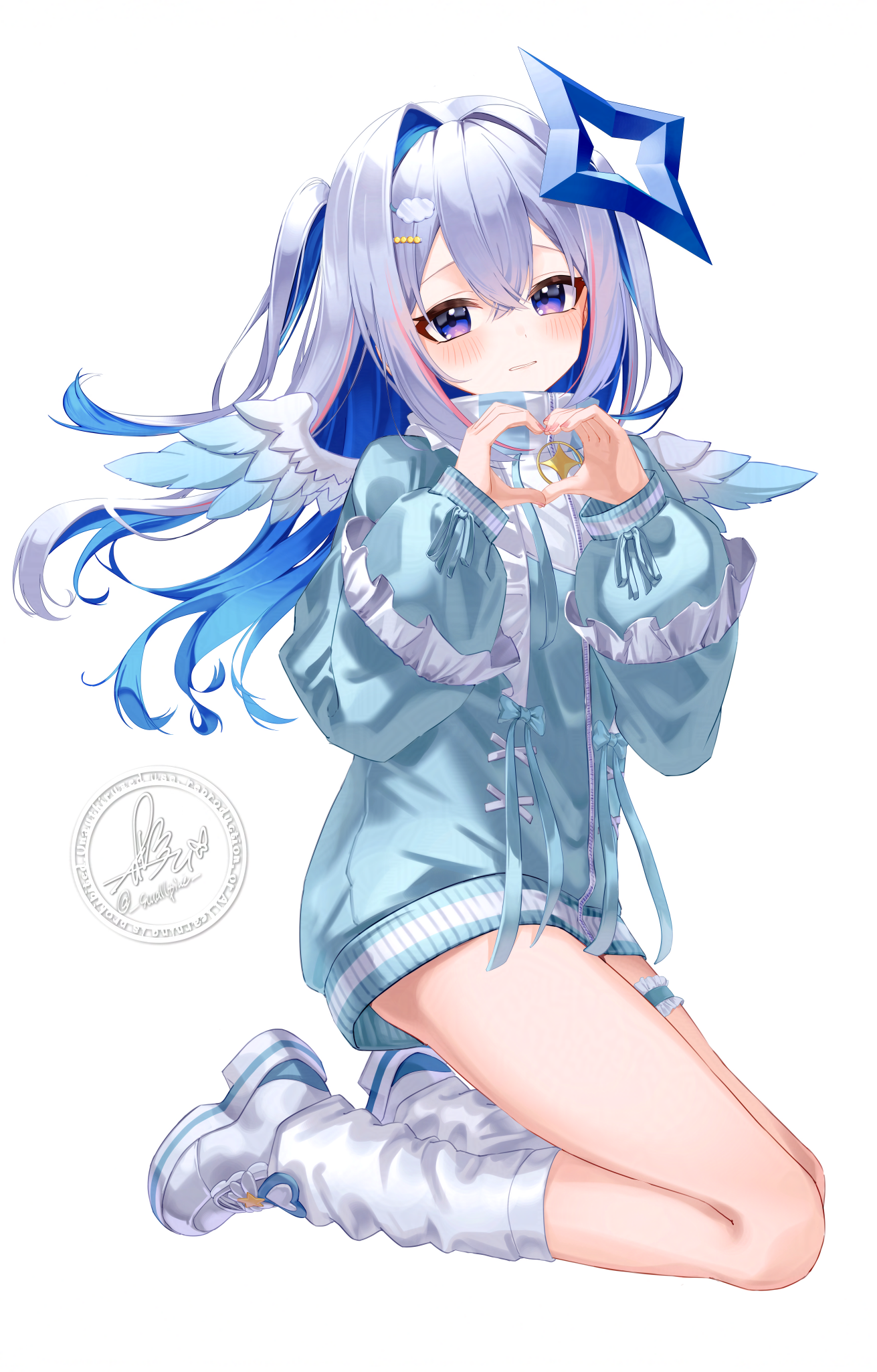 smallpine 7, amane kanata, hololive, commentary request, highres, 1girl, angel wings, blue hair, blue jacket, blue wings, colored inner hair, feathered wings, frilled thigh strap, full body, gradient wings, grey hair, halo, heart, heart hands, jacket, looking at viewer, loose socks, mini wings, multicolored hair, multicolored wings, no pants, pink hair, purple eyes, shoes, simple background, single hair intake, sneakers, socks, solo, star halo, streaked hair, thigh strap, turtleneck, turtleneck jacket, virtual youtuber, white background, white shoes, white socks, white wings, wings