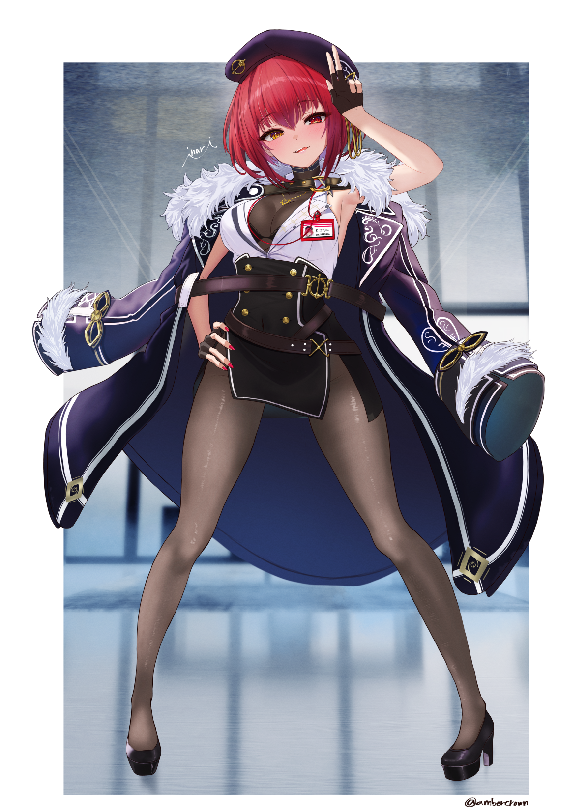 inari (ambercrown), houshou marine, houshou marine (businesswoman), hololive, commentary request, highres, 1girl, armpits, black gloves, black hat, black shoes, black skirt, blue coat, bob cut, bodystocking, buttons, coat, coat on shoulders, collared shirt, double-breasted, fingerless gloves, full body, fur-trimmed coat, fur trim, gloves, gold necklace, hand on own hip, hat, heart, heart necklace, heterochromia, high-waist skirt, high heels, id card, jewelry, lanyard, legs apart, licking lips, looking at viewer, miniskirt, nail polish, necklace, official alternate costume, official alternate hairstyle, pantyhose, partially unbuttoned, platform heels, red eyes, red hair, red nails, shirt, shirt tucked in, shoes, short hair, side slit, skirt, sleeveless, sleeveless shirt, solo, standing, tongue, tongue out, white shirt, yellow eyes