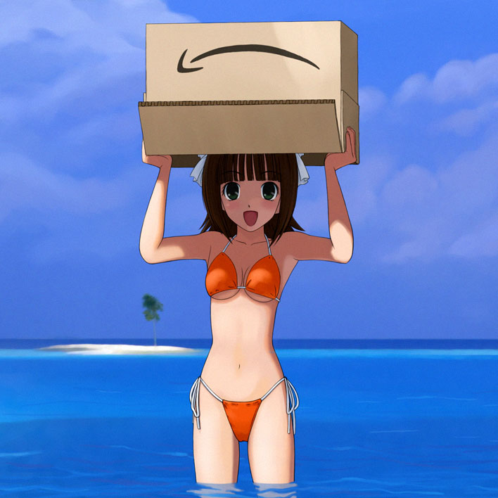 isozaki bebebe, amami haruka, amazon (company), idolmaster, idolmaster (classic), idolmaster 1, bad id, bad pixiv id, 00s, 1girl, bikini, box, breasts, brown hair, cardboard box, cleavage, cloud, day, female focus, green eyes, island, object on head, ocean, open mouth, orange bikini, outdoors, palm tree, short hair, side-tie bikini bottom, sky, small breasts, solo, swimsuit, tree, underboob, wading, water