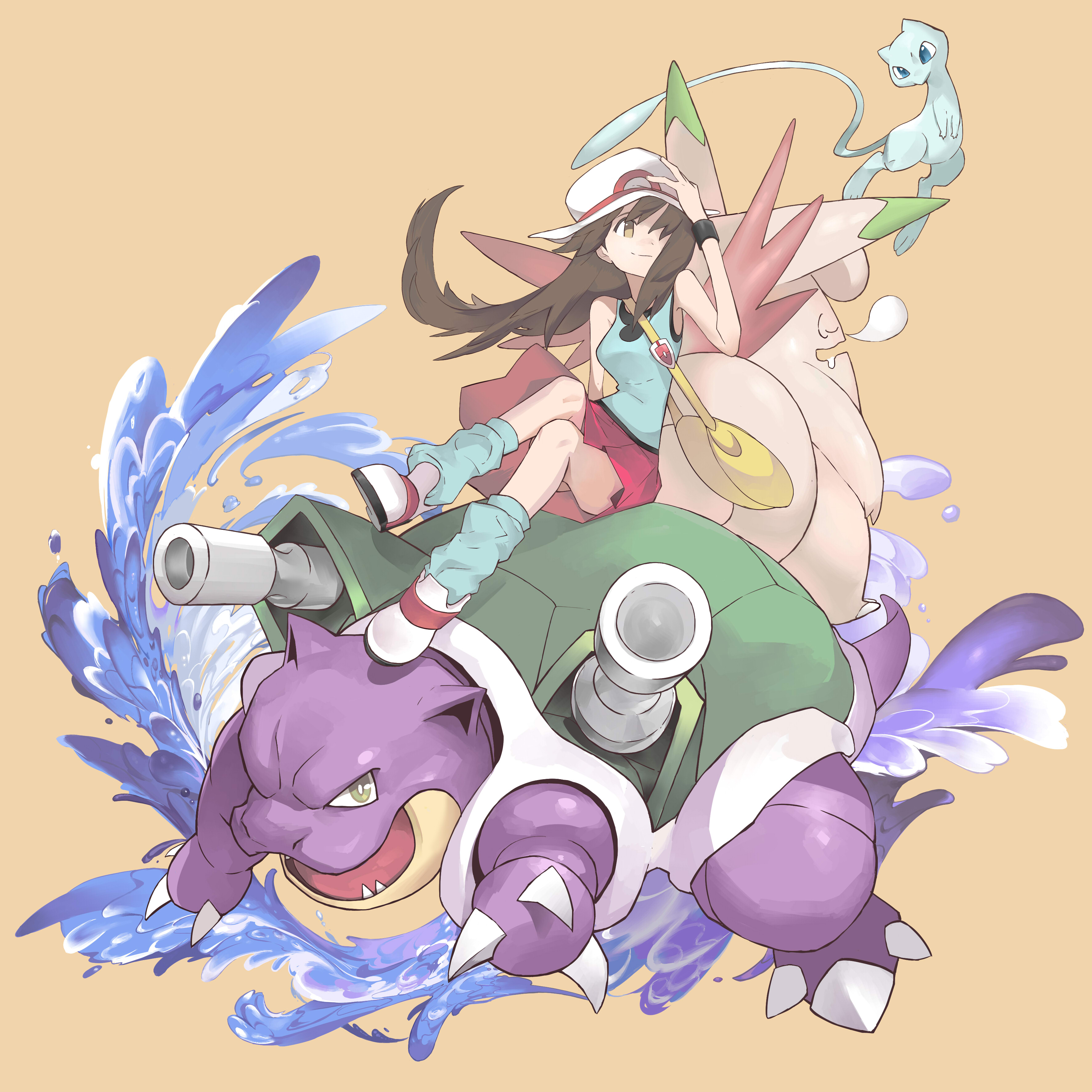 hiro (user negm3832), blastoise, clefable, leaf (pokemon), mew (pokemon), nintendo, pokemon, absurdres, highres, 1girl, alternate color, bag, blue shirt, breasts, brown eyes, brown hair, gen 1 pokemon, hand on headwear, handbag, hat, legendary pokemon, long hair, loose socks, mythical pokemon, open mouth, pokemon (creature), red skirt, shiny pokemon, shirt, shoes, sitting on animal, skirt, small breasts, socks, water, white hat, white shoes, wristband, yellow eyes