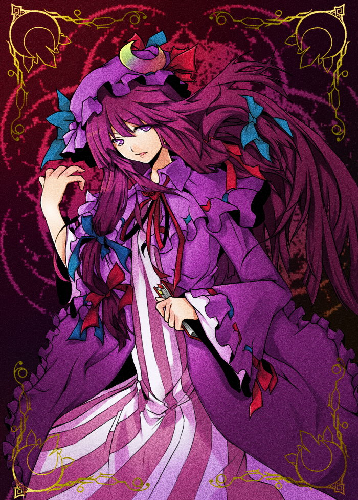 hitoto, patchouli knowledge, touhou, striped, bad id, bad pixiv id, 1girl, book, capelet, crescent, crescent hat ornament, female focus, hat, hat ornament, long hair, multicolored ribbon, purple hair, red hair, ribbon, ribbon-trimmed capelet, ribbon-trimmed sleeves, ribbon trim, robe, solo