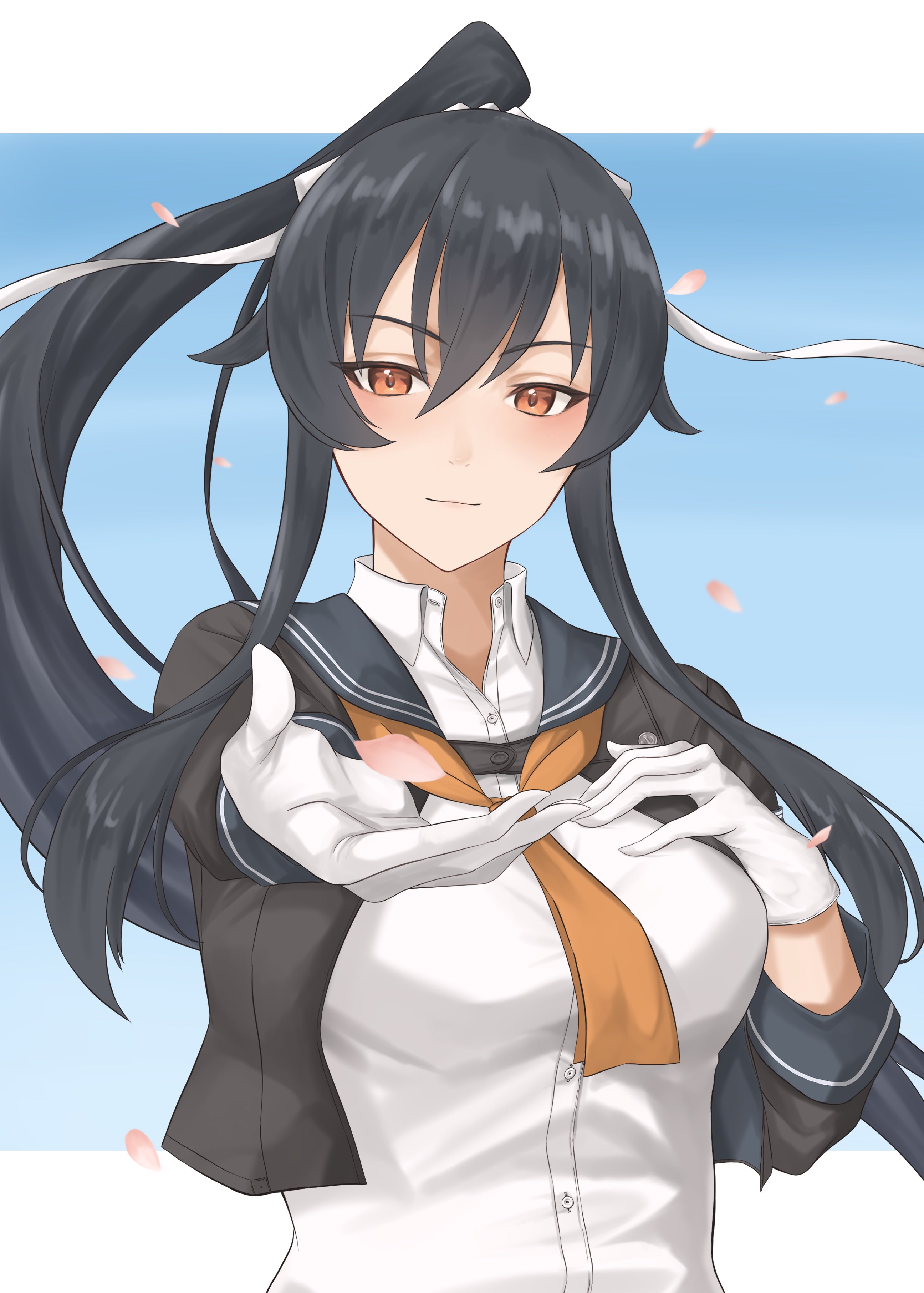 atodashi, yahagi (kancolle), yahagi kai ni (kancolle), kantai collection, absurdres, highres, black hair, black jacket, black sailor collar, blue background, breasts, cherry blossoms, gloves, hair ribbon, jacket, large breasts, looking at viewer, neckerchief, orange eyes, orange neckerchief, outstretched arm, ponytail, reaching, reaching towards viewer, ribbon, sailor, sailor collar, shirt, smile, white gloves, white ribbon, white shirt