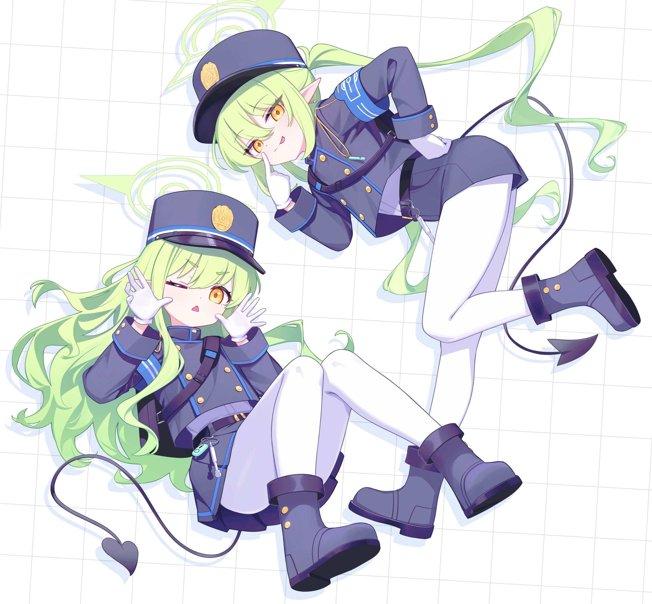 deadnooodles, hikari (blue archive), nozomi (blue archive), blue archive, commentary, highres, symbol-only commentary, 2girls, :p, ;<, blue boots, blue hat, blue jacket, blue shorts, blue skirt, blush, boots, demon girl, demon tail, green hair, green halo, grid background, hair between eyes, halo, hands up, hat, jacket, knees together feet apart, long hair, multiple girls, orange eyes, pantyhose, parted lips, pleated skirt, pointy ears, shako cap, short shorts, shorts, siblings, sisters, skirt, smile, tail, tongue, tongue out, triangle mouth, twins, twintails, very long hair, white background, white pantyhose