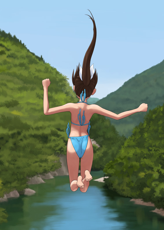 isozaki bebebe, original, bad id, bad pixiv id, 1girl, ass, barefoot, bikini, black hair, clenched hands, day, falling, feet, female focus, from behind, jumping, long hair, nature, ponytail, river, scenery, side-tie bikini bottom, sky, solo, swimsuit