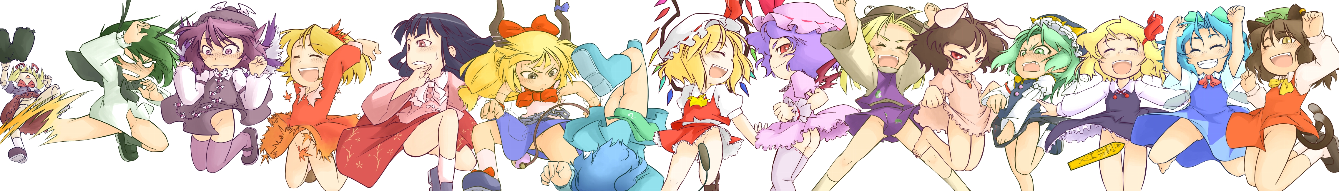 ogihara mach, aki shizuha, chen, cirno, flandre scarlet, houraisan kaguya, ibuki suika, inaba tewi, kawashiro nitori, medicine melancholy, moriya suwako, mystia lorelei, remilia scarlet, rumia, shiki eiki, wriggle nightbug, touhou, absurdres, highres, long image, wide image, 6+girls, ass, barefoot, blonde hair, censored, convenient censoring, doll joints, everyone, female focus, joints, jumping, kicking, loli, multiple girls, no panties, no pants, red eyes, two side up
