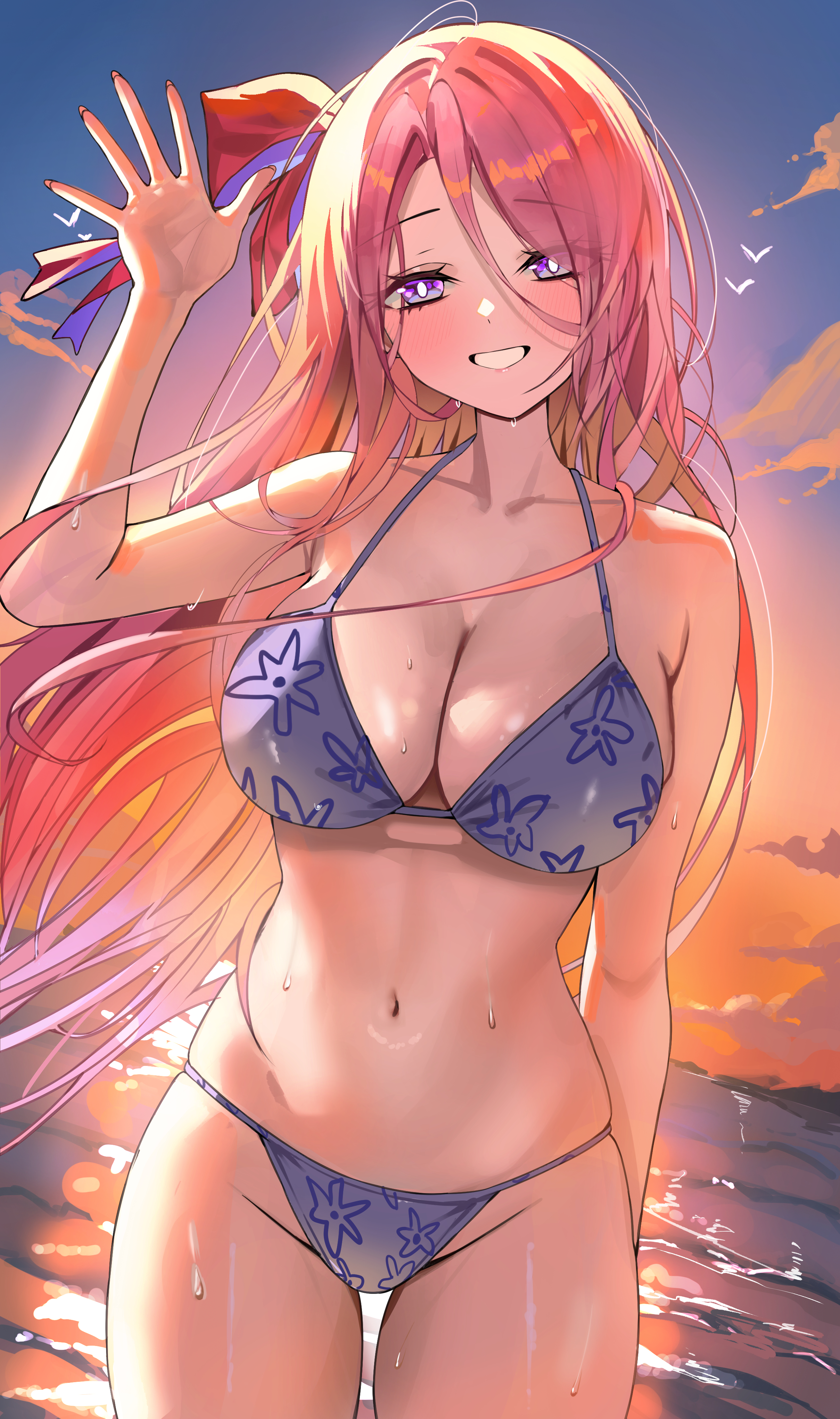 mango (mango0208), lexington (azur lane), azur lane, absurdres, commission, highres, pixiv commission, 1girl, bikini, blush, breasts, bright pupils, cleavage, floral print, floral print bikini, large breasts, long hair, looking at viewer, navel, ocean, orange sky, outdoors, print bikini, purple bikini, purple eyes, sky, smile, solo, stomach, sunset, swimsuit, thighs, water, wet, white pupils