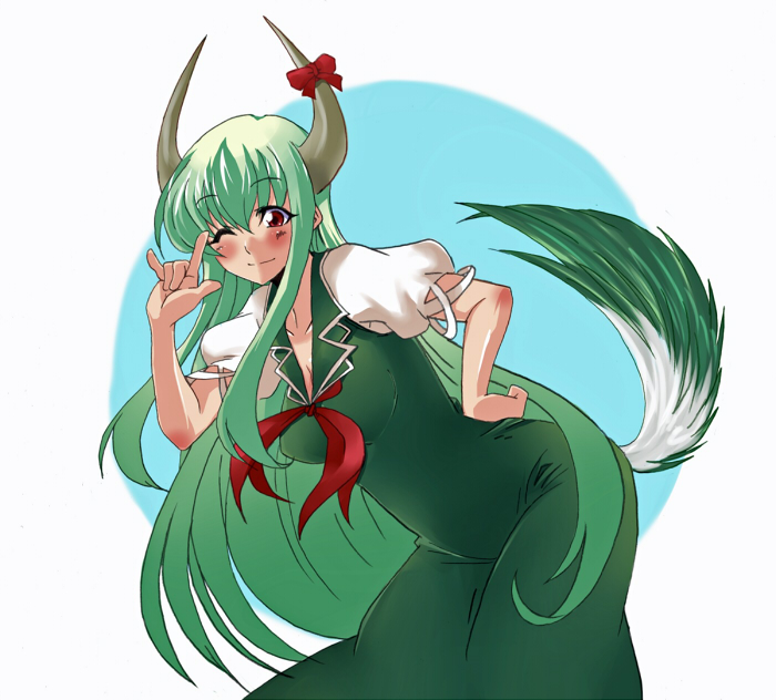 ooike teru, ex-keine, kamishirasawa keine, touhou, 1girl, m/, blush, female focus, green hair, horns, long hair, red eyes, ribbon, solo, tail