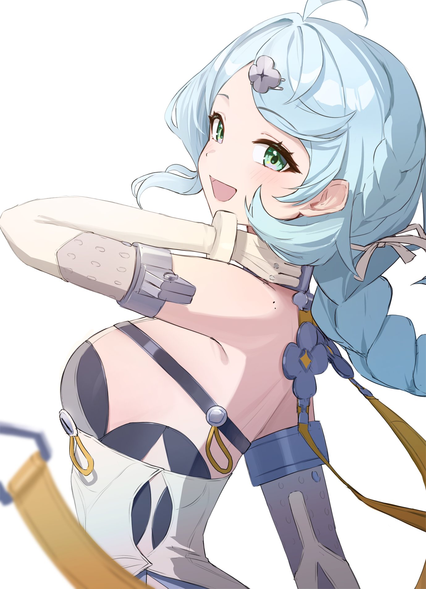 nasol, seed (zenless zone zero), zenless zone zero, commentary, highres, 1girl, ahoge, arm up, armpits, bare shoulders, braid, breasts, dress, elbow gloves, from side, gloves, green eyes, long hair, looking at viewer, looking to the side, mole, mole on shoulder, open mouth, simple background, single braid, sleeveless, sleeveless dress, small breasts, smile, solo, swept bangs, upper body, white background, white dress, white gloves