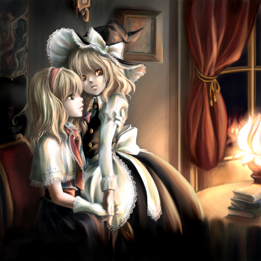 mochinue, alice margatroid, kirisame marisa, touhou, 2girls, blonde hair, book, braid, chair, female focus, gloves, glowing, glowing eyes, hair ribbon, hairband, hat, hat ribbon, holding hands, multiple girls, ribbon, window, witch, witch hat